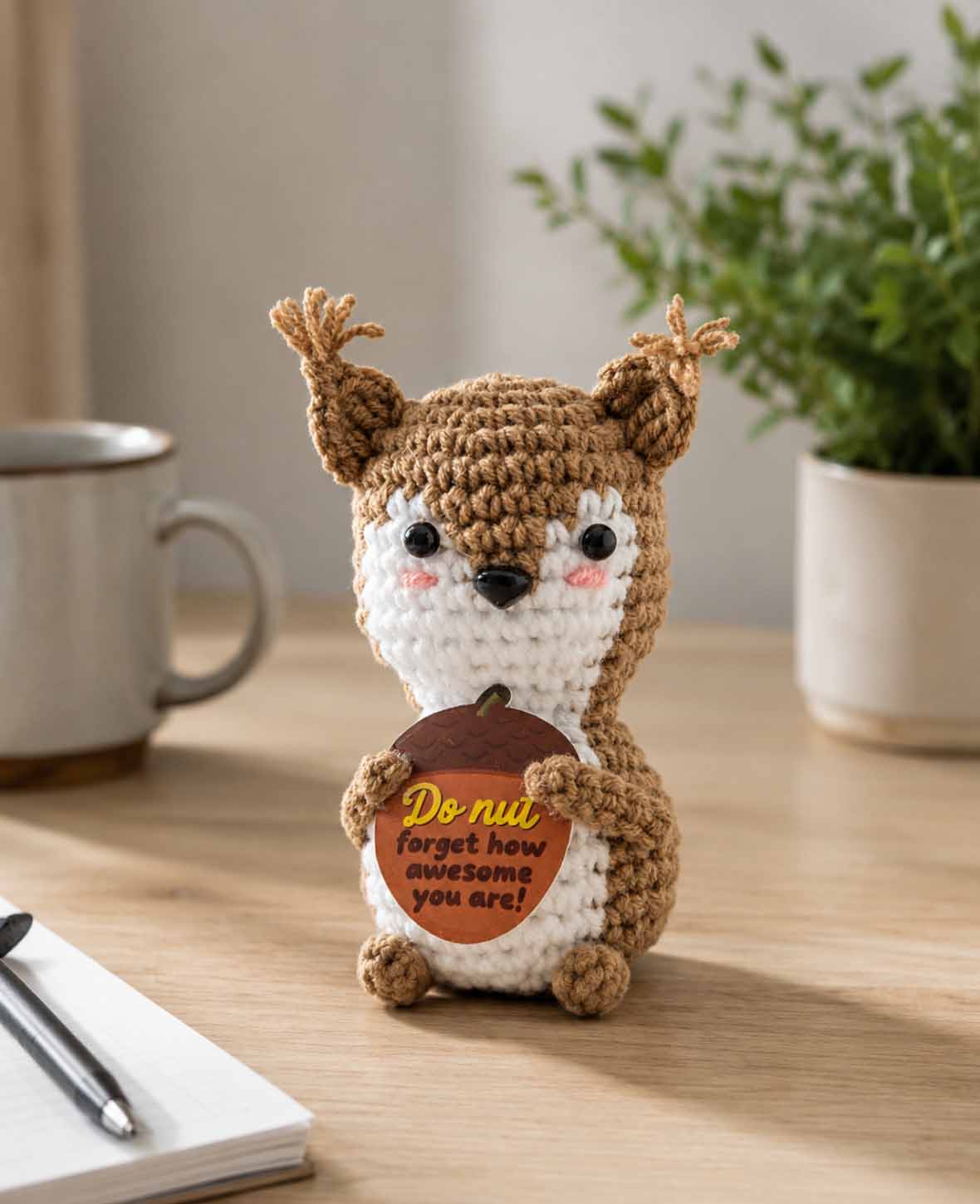 Positive Eichhörnchen, Gehäkeltes Mini Plüschtier / Glücksbringer, Braun