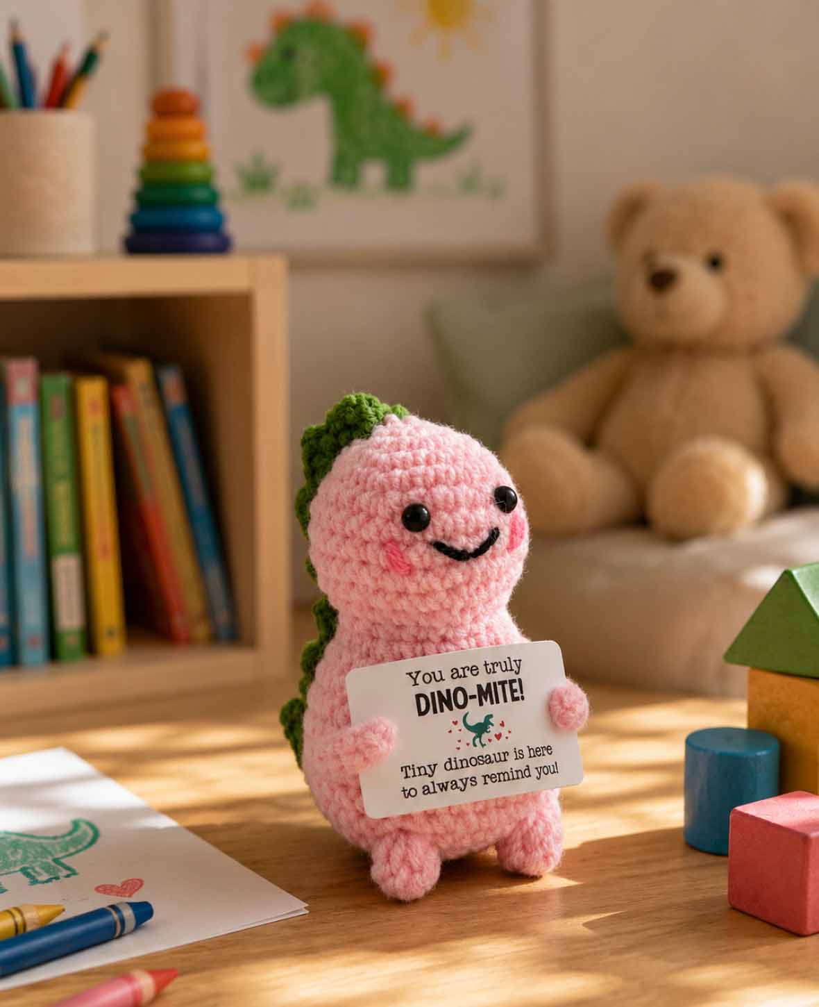 Positive Dino, Gehäkeltes Mini Plüschtier / Glücksbringer, Grün