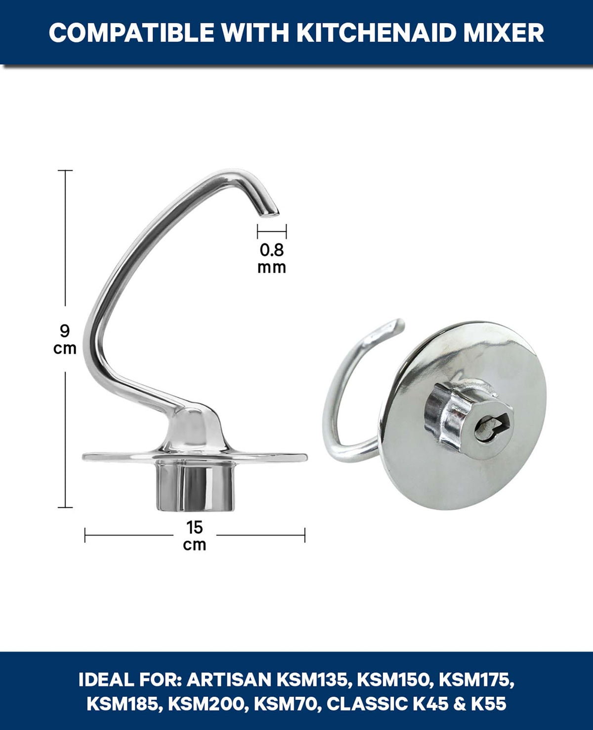 Edelstahl-Knethaken kompatibel mit KitchenAid
