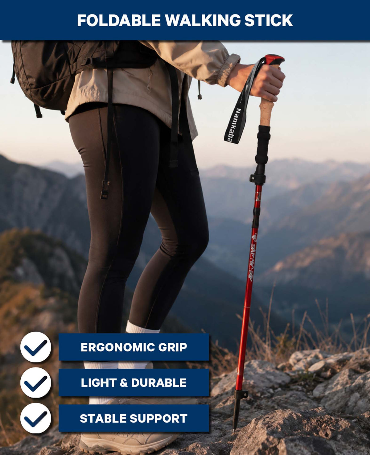 Klappbarer Wanderstock mit Tasche, Rot