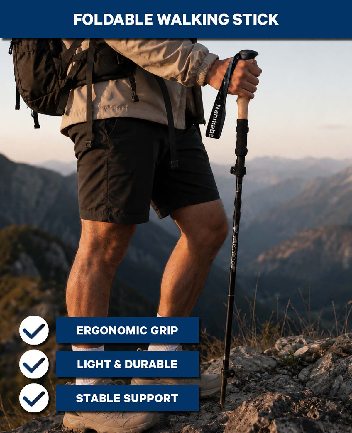 Wanderstock, Carbon, klappbar im Beutel, Schwarz