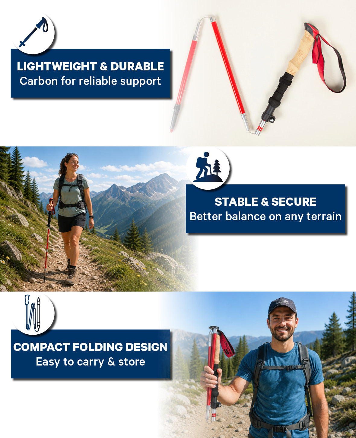 Klappbarer Wanderstock Carbon, Rot