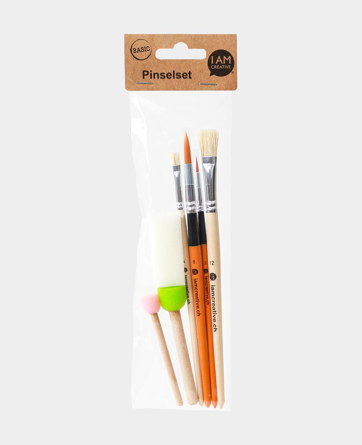 Brush Set BASIC, 7-piece, pointed brushes in sizes 2 & 8, flat brushes in sizes 4 & 12, two sponge stamps and 1 sponge, for children and adults