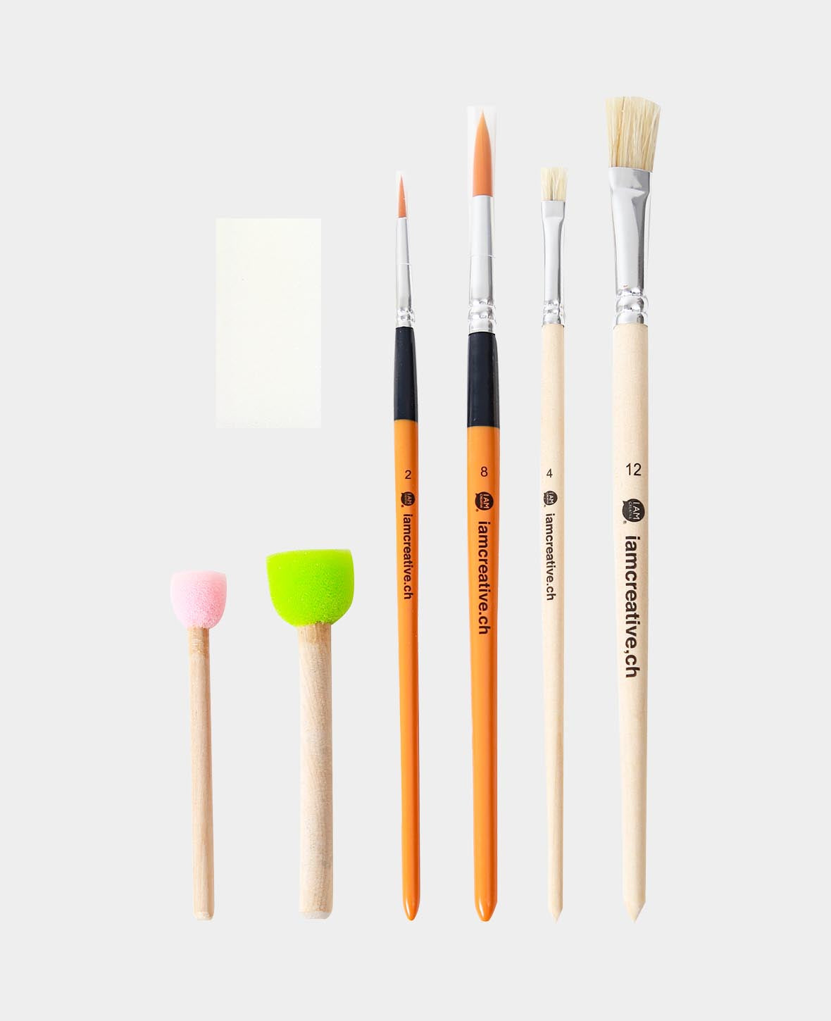 Brush Set BASIC, 7-piece, pointed brushes in sizes 2 & 8, flat brushes in sizes 4 & 12, two sponge stamps and 1 sponge, for children and adults