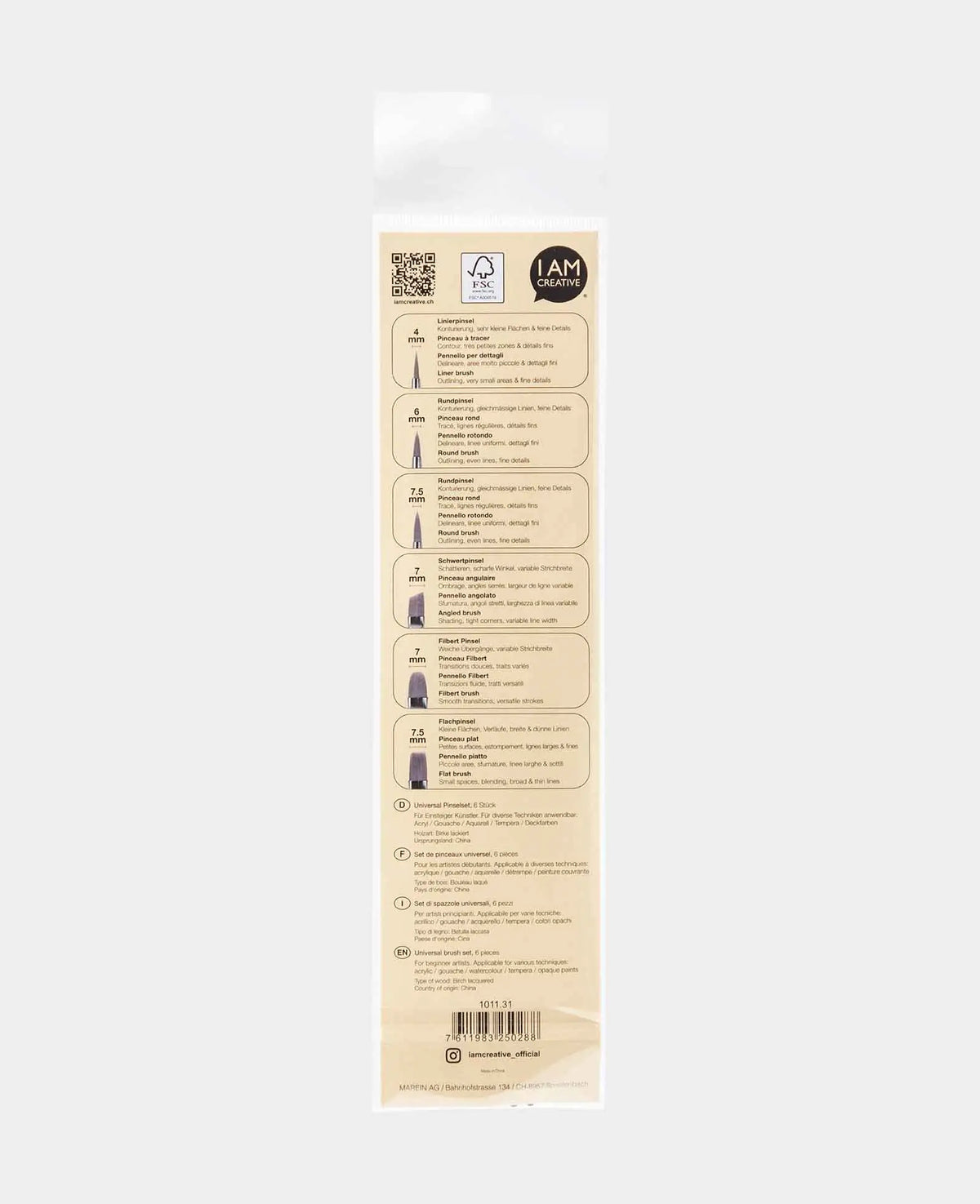 Lot de pinceaux universels – Set d'artiste avec pinceaux plats, ronds, éventails, en forme d'épée, à détails, 6 pièces