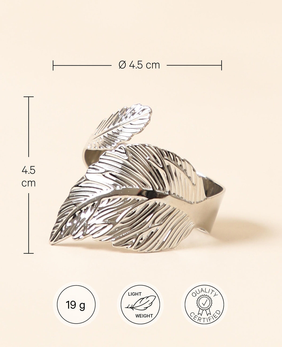 Eleganter Serviettenring in Feder / Blattform aus Metall für Stoffservietten, Ø 4.5 cm Silber