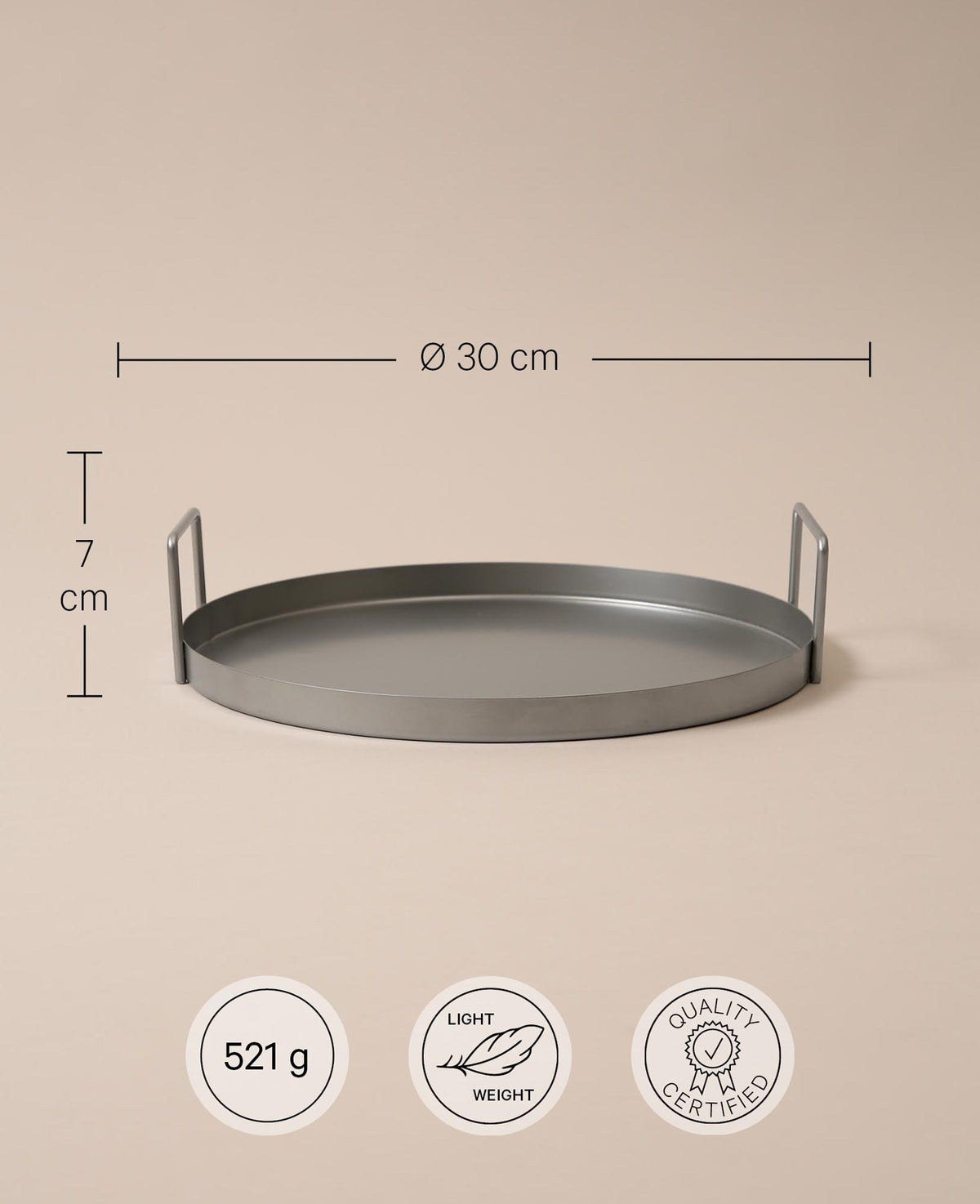 Round silver metal tray, 30cm