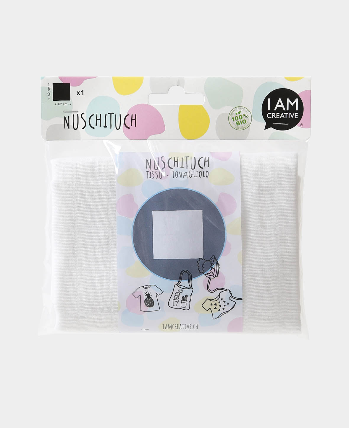 Nuschituch Bio, Mulltuch aus 100% Baumwolle als Nuscheli für Babys und zum Besticken, Bedrucken, Bemalen und Bestempeln, Weiss, 62 x 62 cm