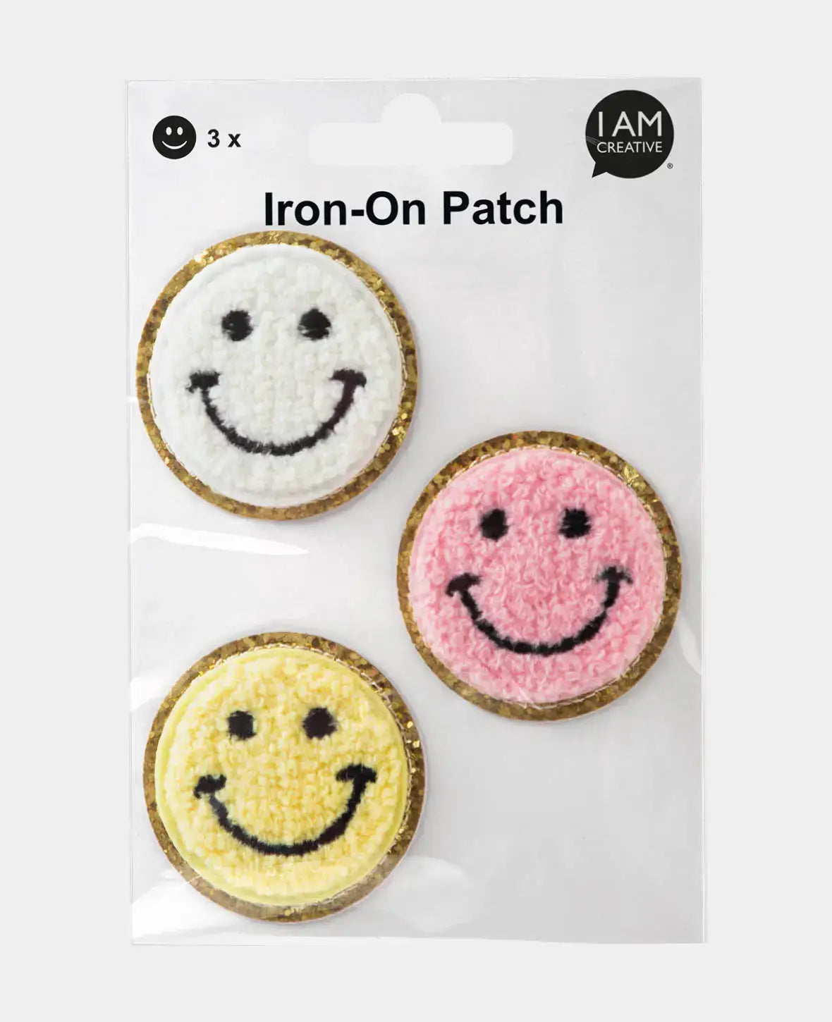 Écusson thermocollant "Smiley", à repasser et à coudre, coloré, env. ø 5 cm, 3 pcs