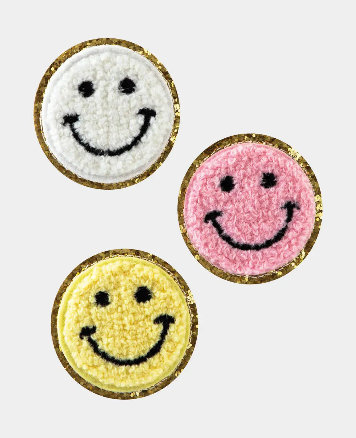 Écusson thermocollant "Smiley", à repasser et à coudre, coloré, env. ø 5 cm, 3 pcs
