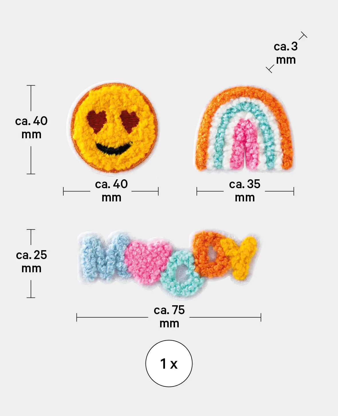 Écusson thermocollant "Moody", écusson à repasser et à coudre, coloré, env. ø 4 / 3,5 x 4 / 7,5 x 2,5 cm, 3 p.
