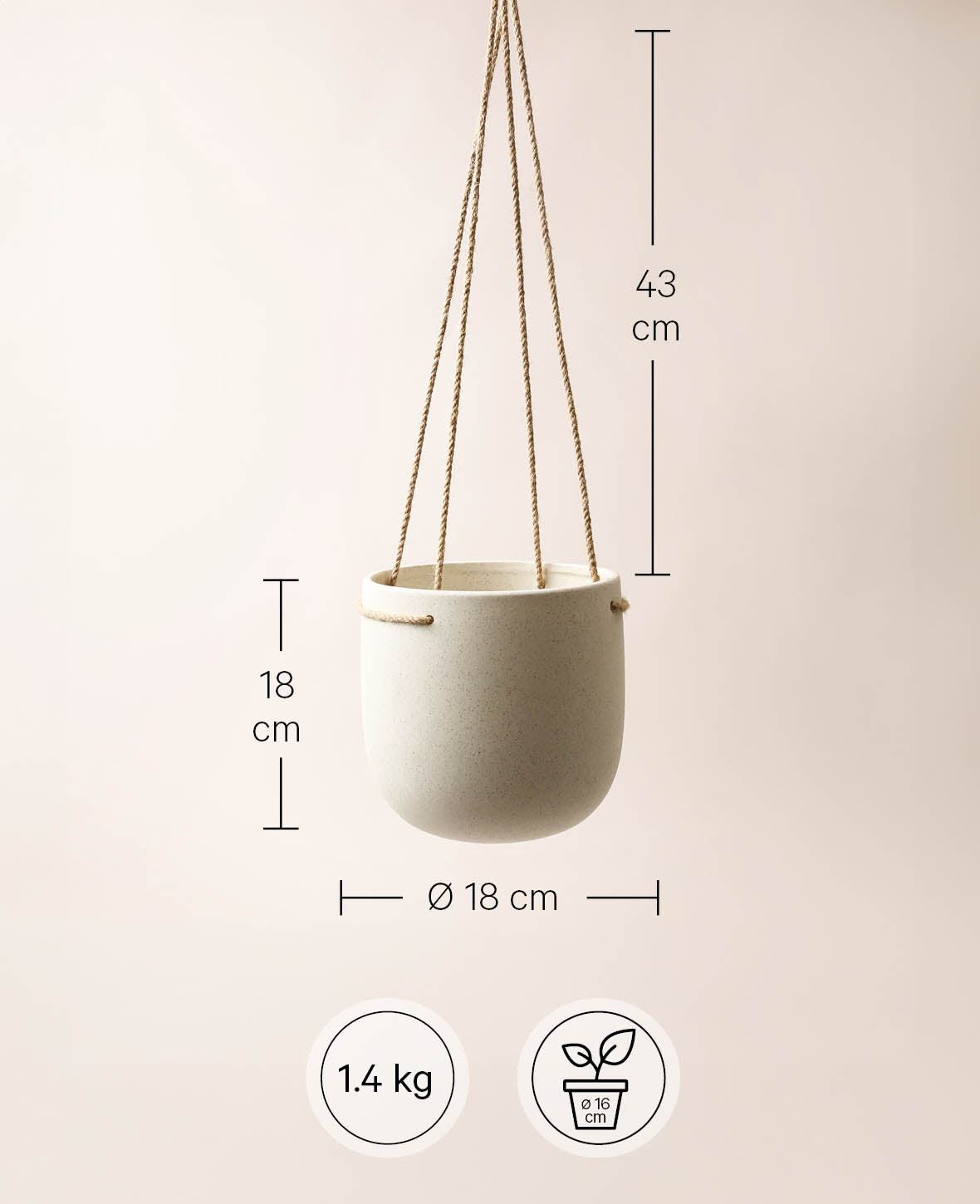 Keramik Hängetopf / Hängender Blumentopf mit rauher Struktur, Beige mit Sprenkel, Ø 18 cm