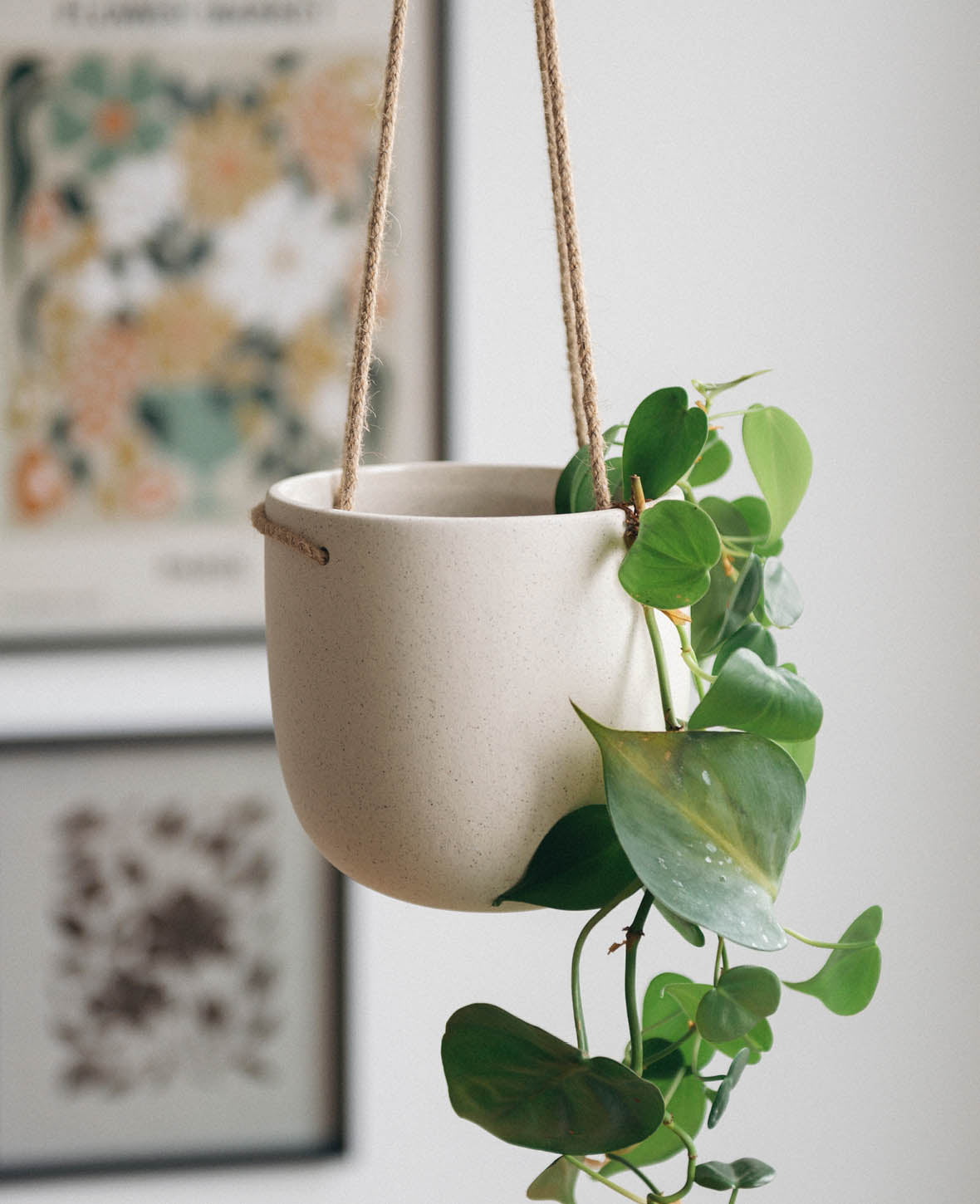 Hängetopf / Hängender Blumentopf aus Steingut mit rauher Struktur, Beige mit Sprenkel, Ø 15 cm