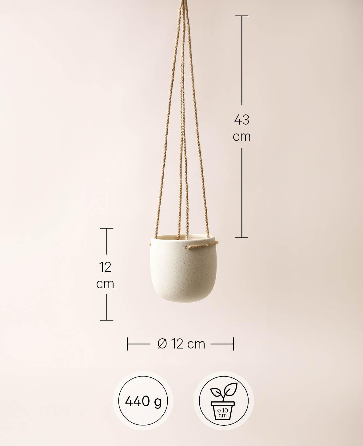 Hängetopf / Hängender Blumentopf aus Steingut mit rauher Struktur, Beige mit Sprenkel, Ø 12 cm