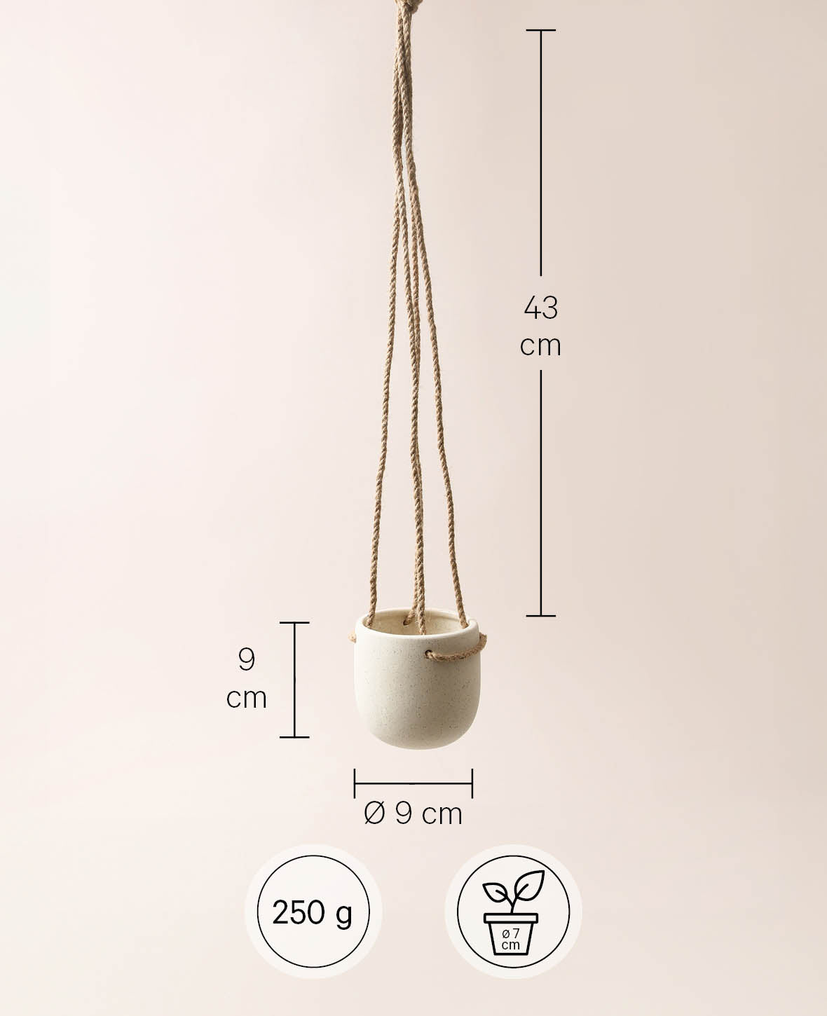 Hängetopf / Hängender Blumentopf aus Steingut mit rauher Struktur, Beige mit Sprenkel, Ø 9 cm