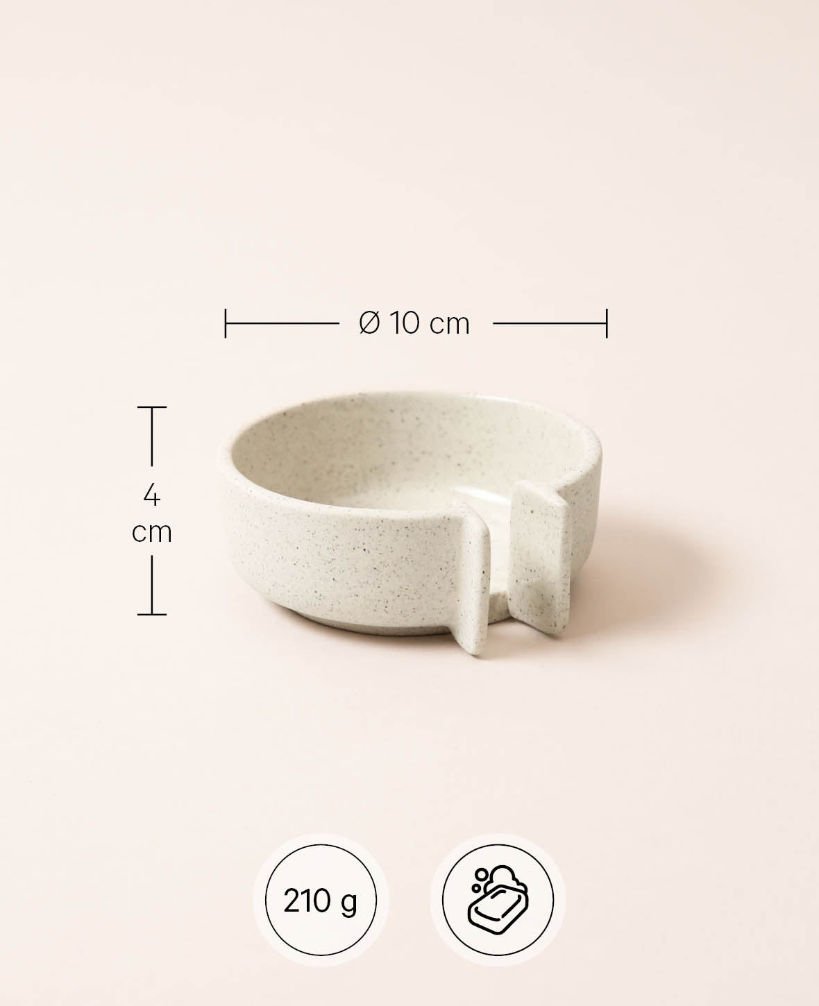 Keramik Seifenschale mit Abfluss, beige mit schwarzen Sprenkeln und glasierter Innenseite, Ø 10 cm