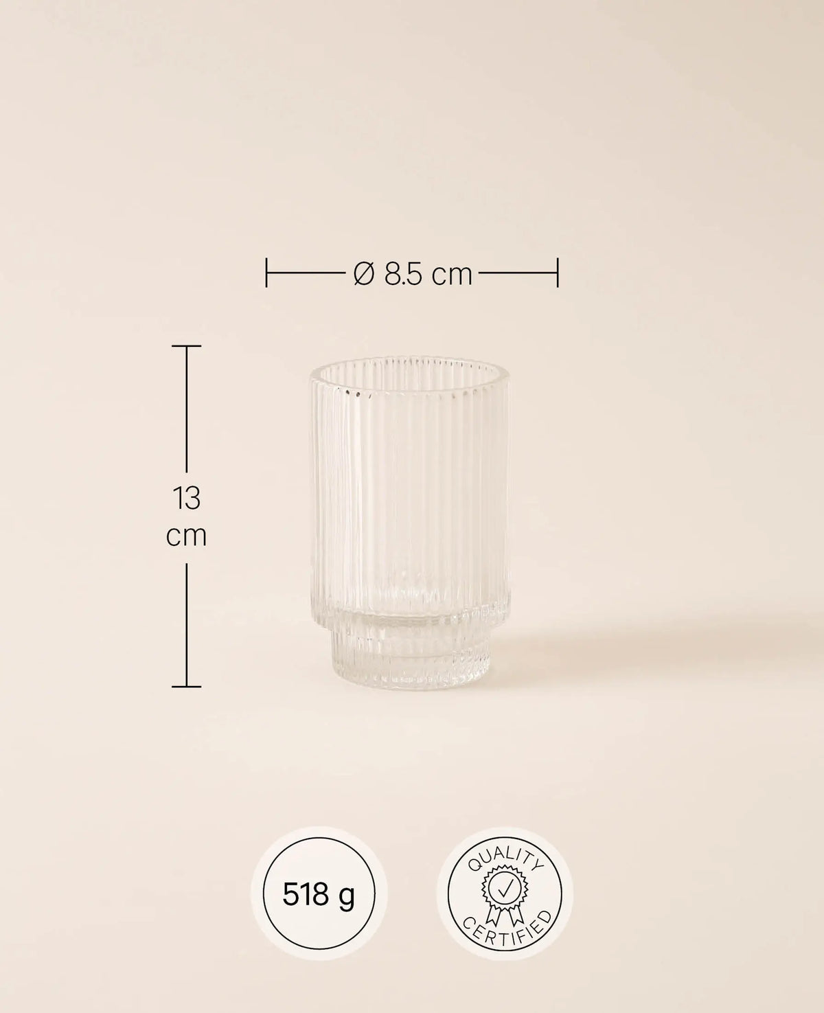 Teelicht Glas mit Rillen, Ø 8.5 x H 13 cm