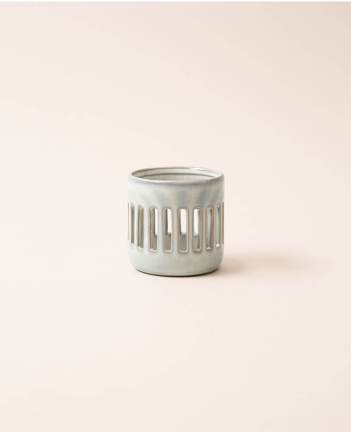 Keramik Teelichthalter mit Rillen, grau, Ø 7 x H 7 cm