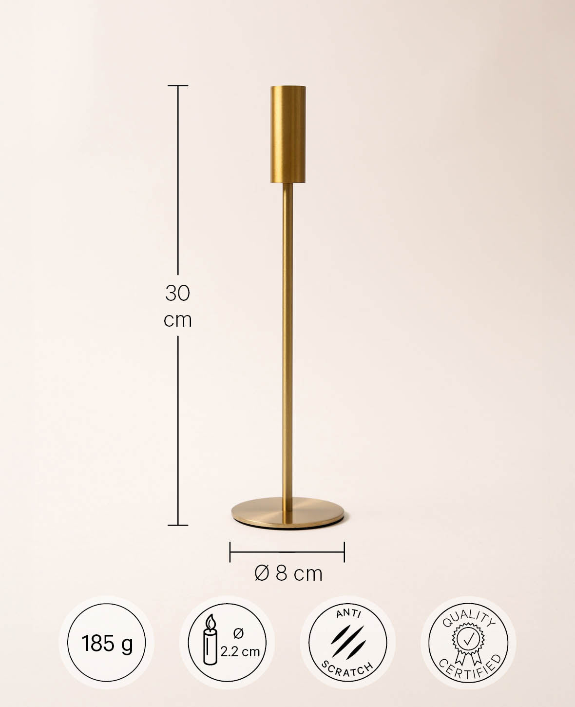 Kerzenständer für Stabkerzen in Messing Gold, Ø 8 x H 30 cm