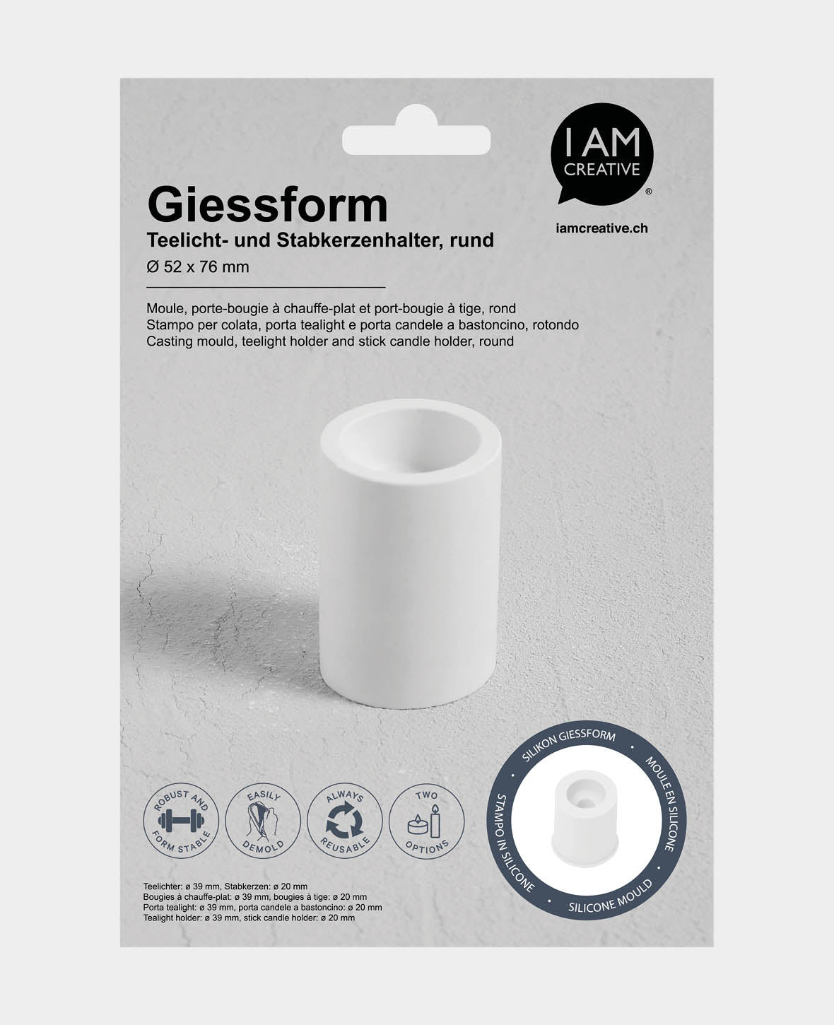 Silikon Giessform, Teelicht- und Stabkerzenhalter, ø 52 x 76 mm