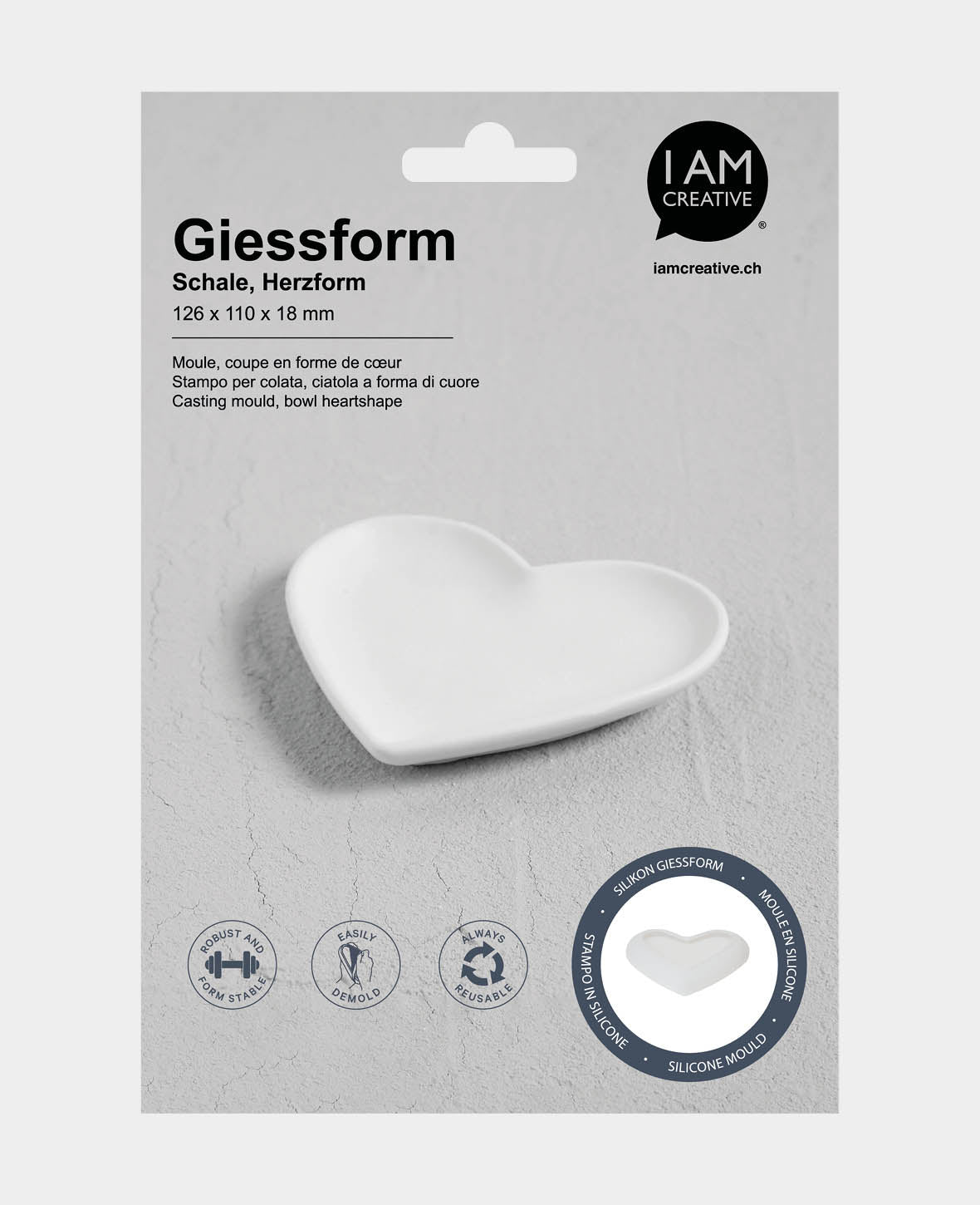 Silikon Giessform, flache herzförmige Schale, 126 x 110 x 18mm