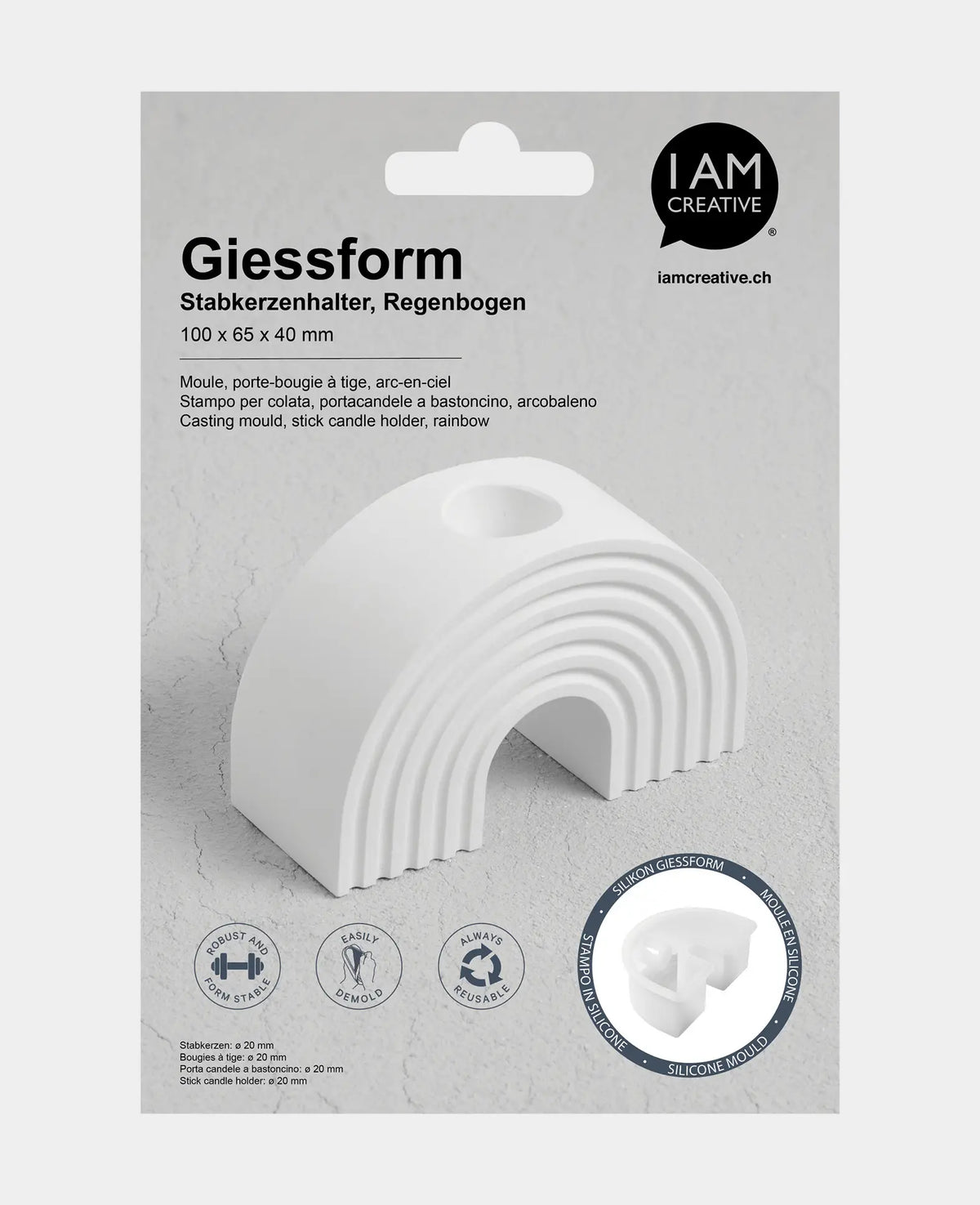 Silikon Giessform, Stabkerzenhalter Regenbogen, 100 x 65 x 40 mm