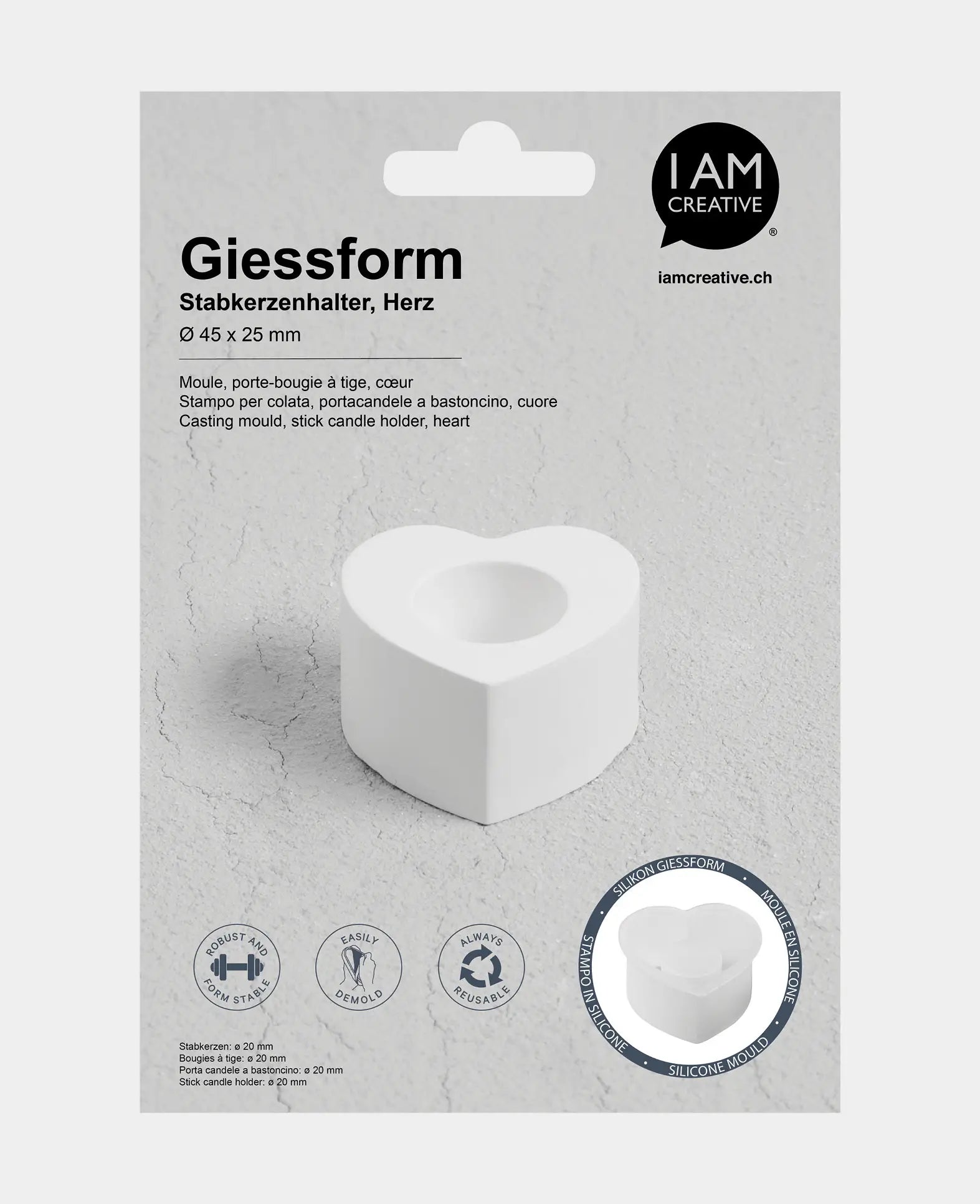 Silikon Giessform, Stabkerzenhalter Herz, 45 x 45 x 25 mm