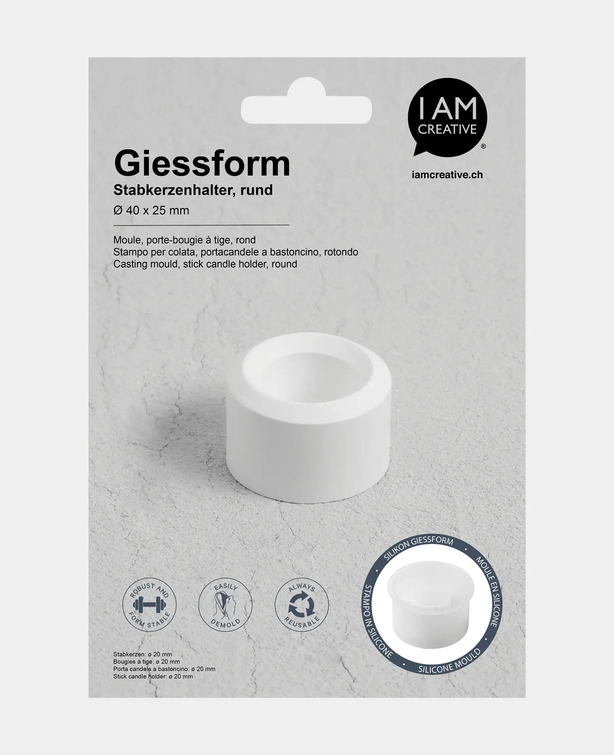 Silikon Giessform, Stabkerzenhalter, 40 x 40 x 25 mm