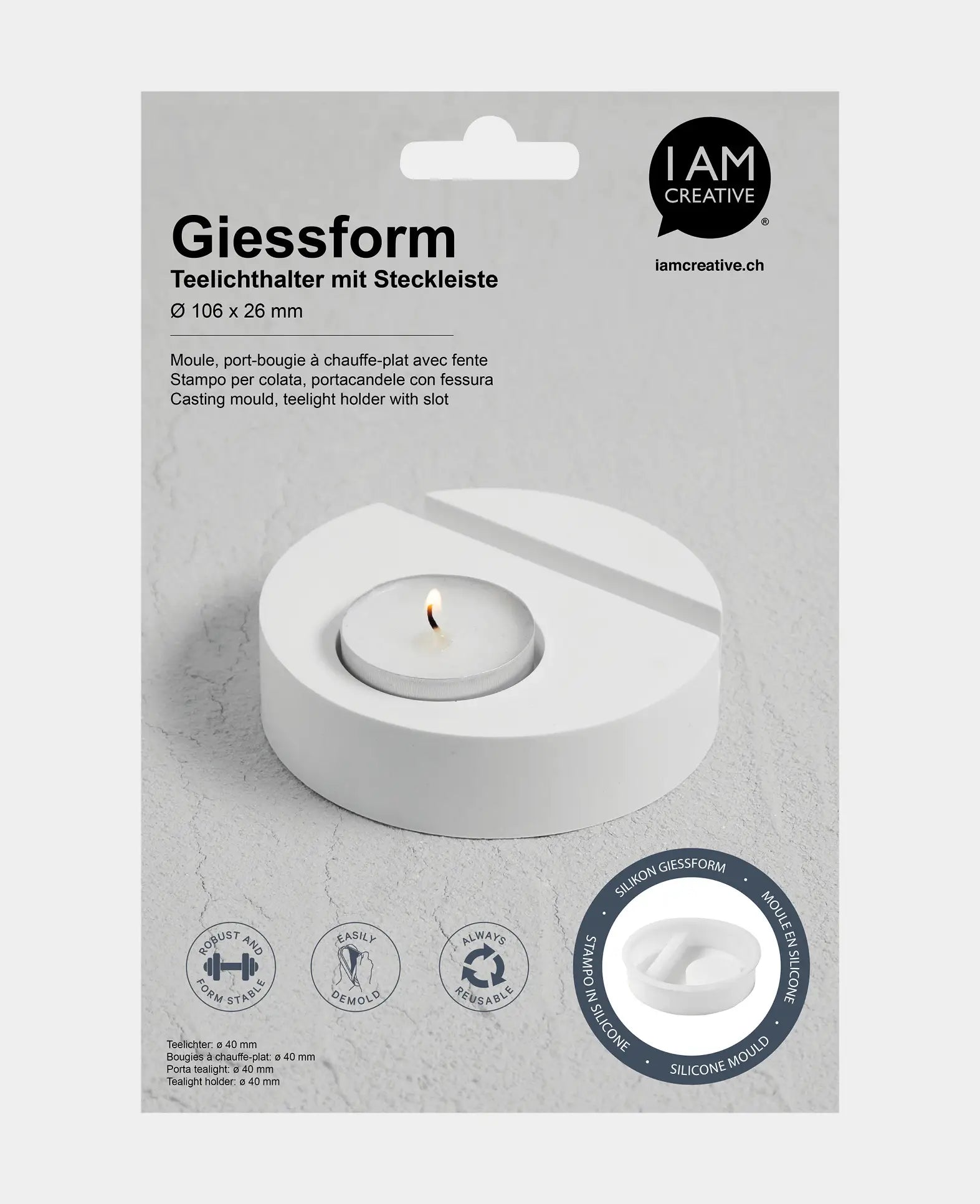 Silikon Giessform, Teelichthalter für Steckleiste, 106 x 26 mm