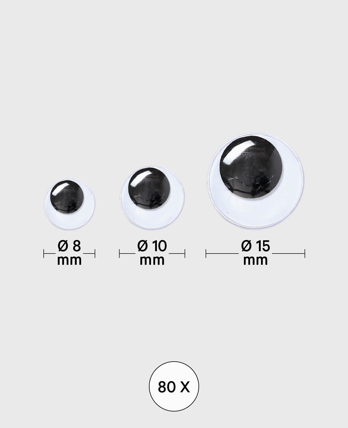 Wackelaugen rund 3 Grössen, 28 x 8 mm, 28 x 10 mm, 24 x 15 mm, 80 Stk.