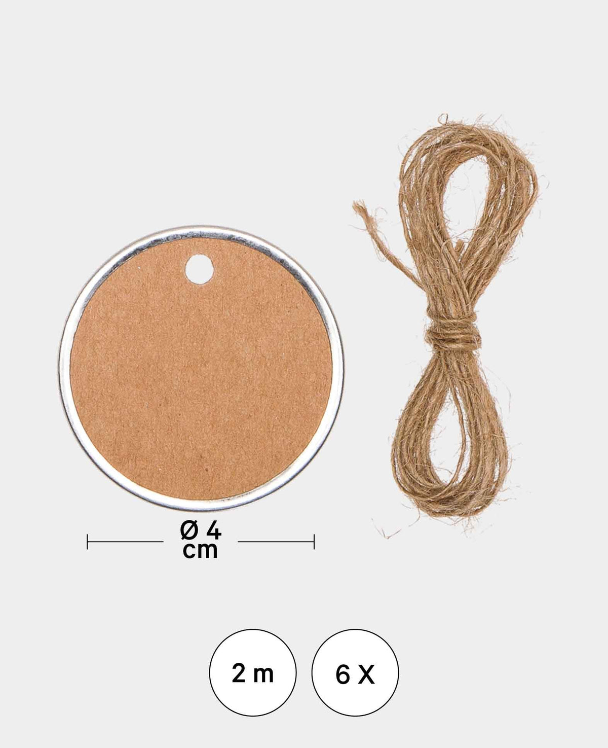 Papier-Anhänger inkl. Juteschnur, Braun, Ø 4 x 0.1 cm, 6 Stk.