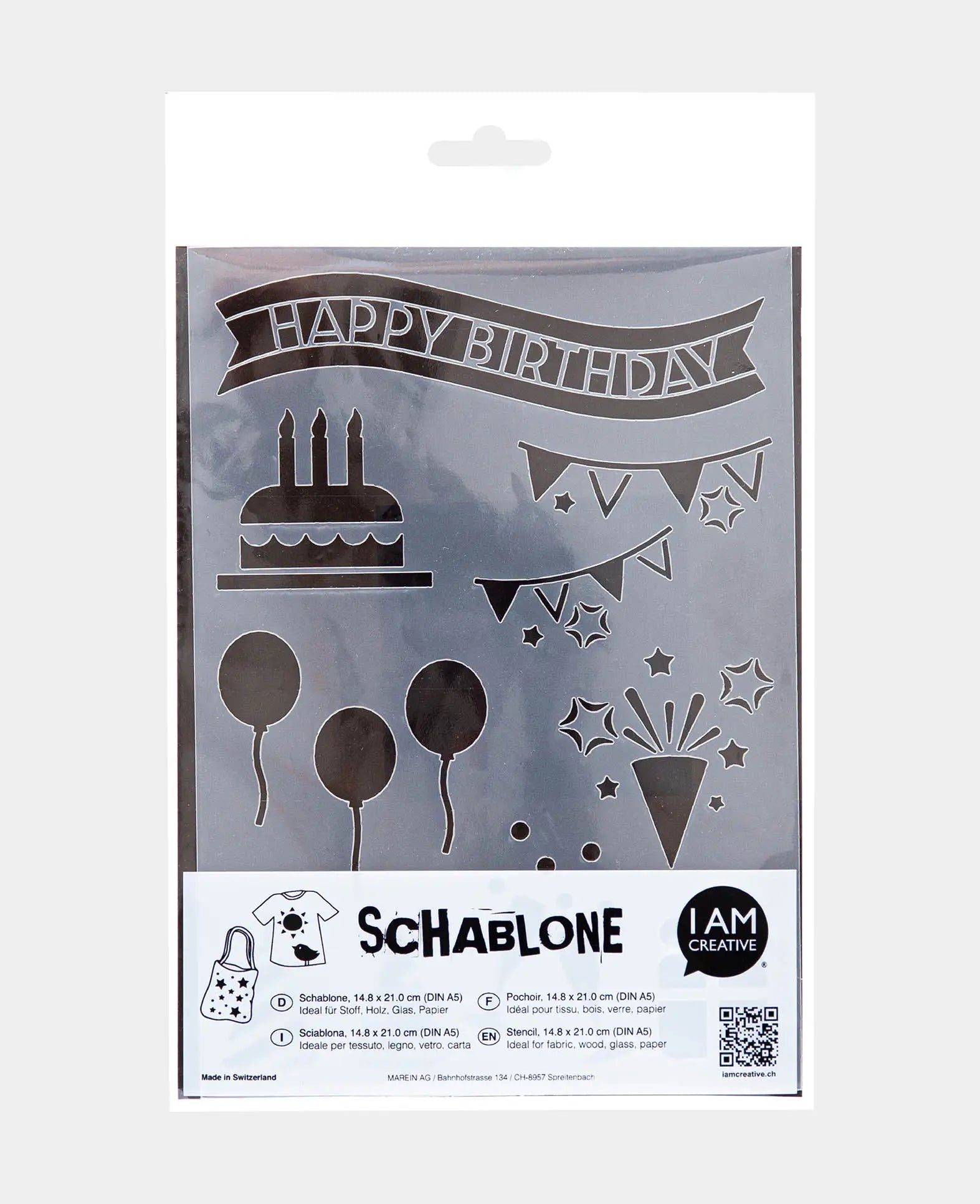 Pochoir Joyeux Anniversaire, 148 x 210 mm (A5), Blanc translucide
