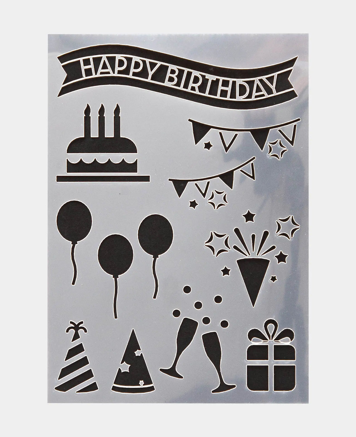 Pochoir Joyeux Anniversaire, 148 x 210 mm (A5), Blanc translucide