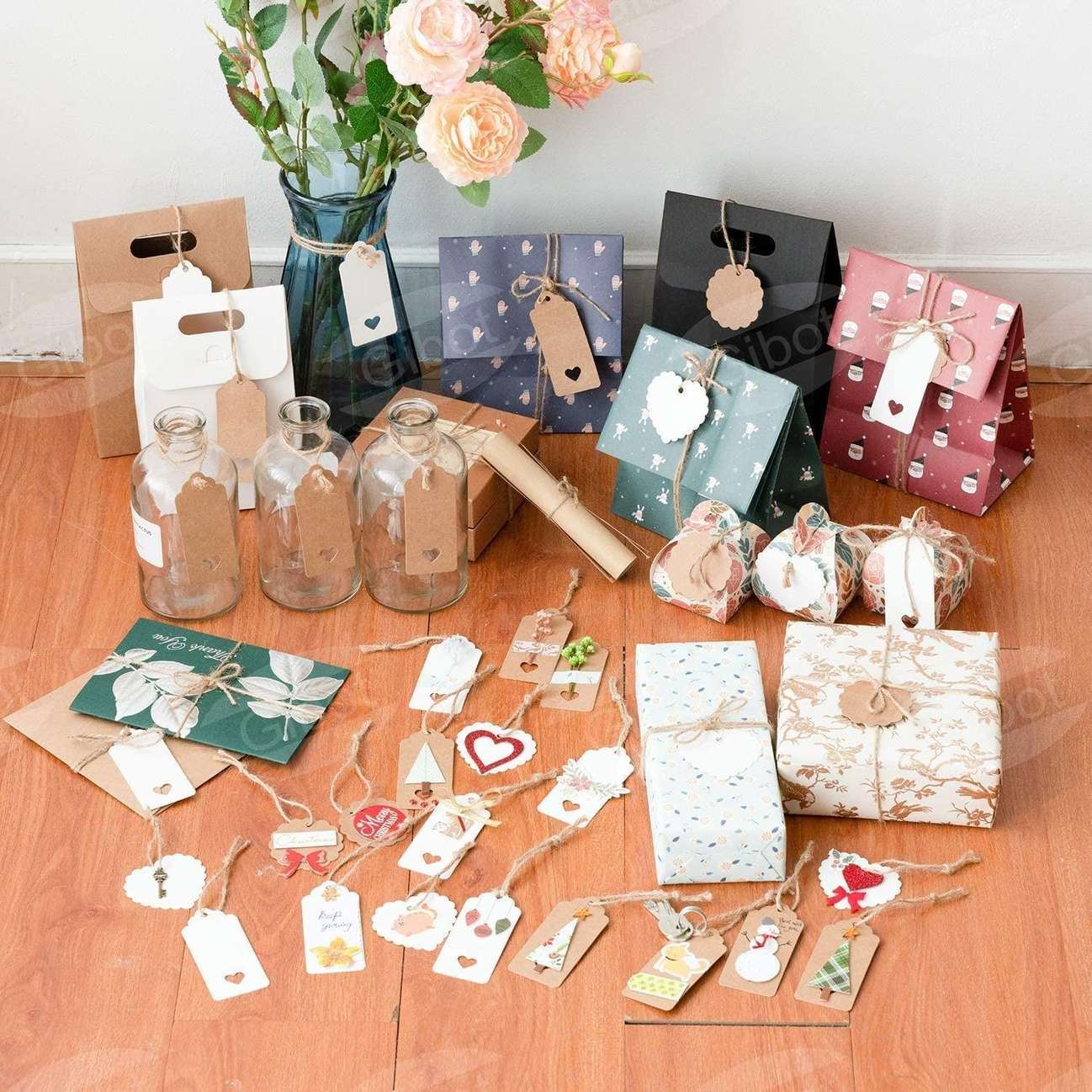 Gift Tags Craft Labels + Jute Twine – Brown / White, 200 pcs.