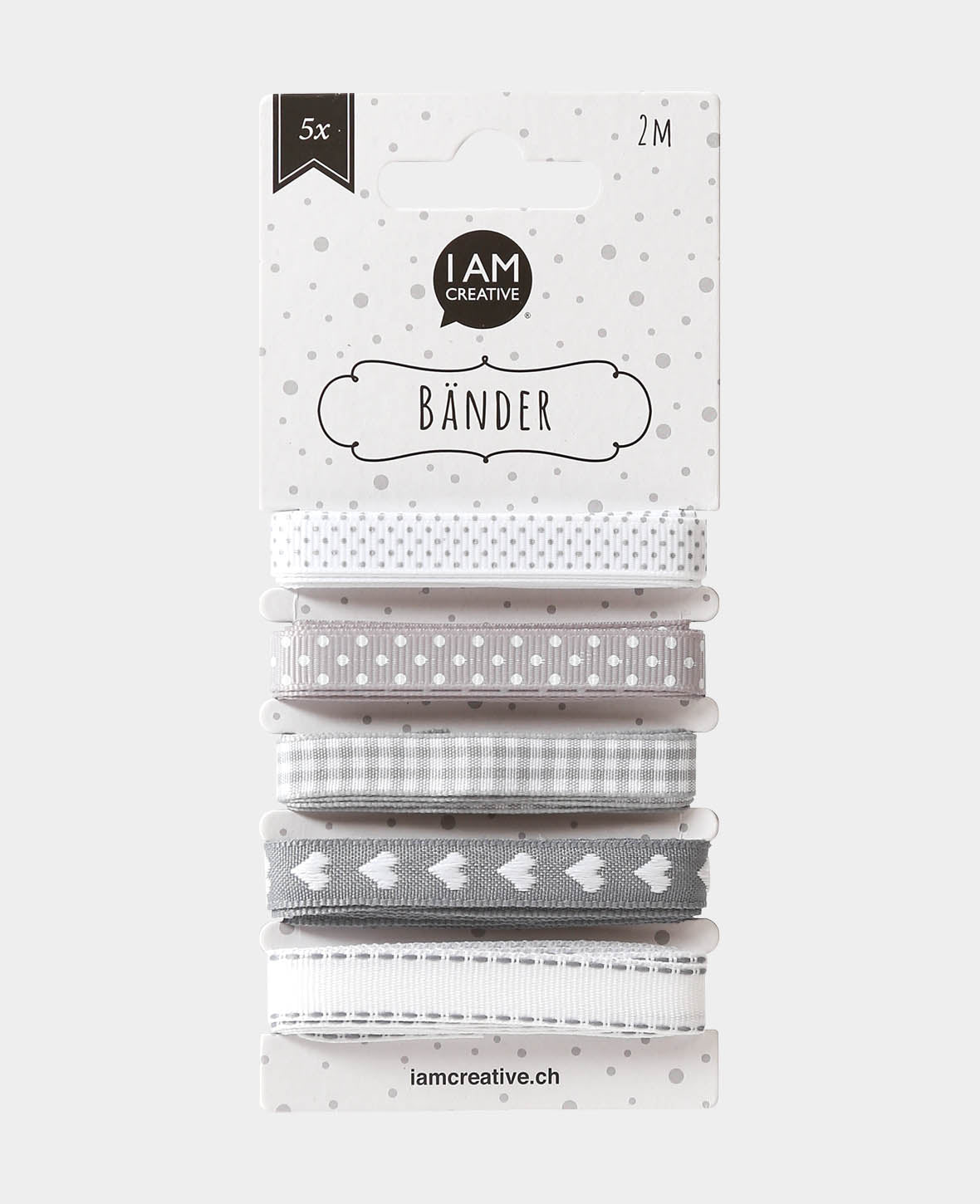 Rubans décoratifs / rubans cadeaux cœurs, gris et blanc, 15 mm x 2 m, 5 motifs