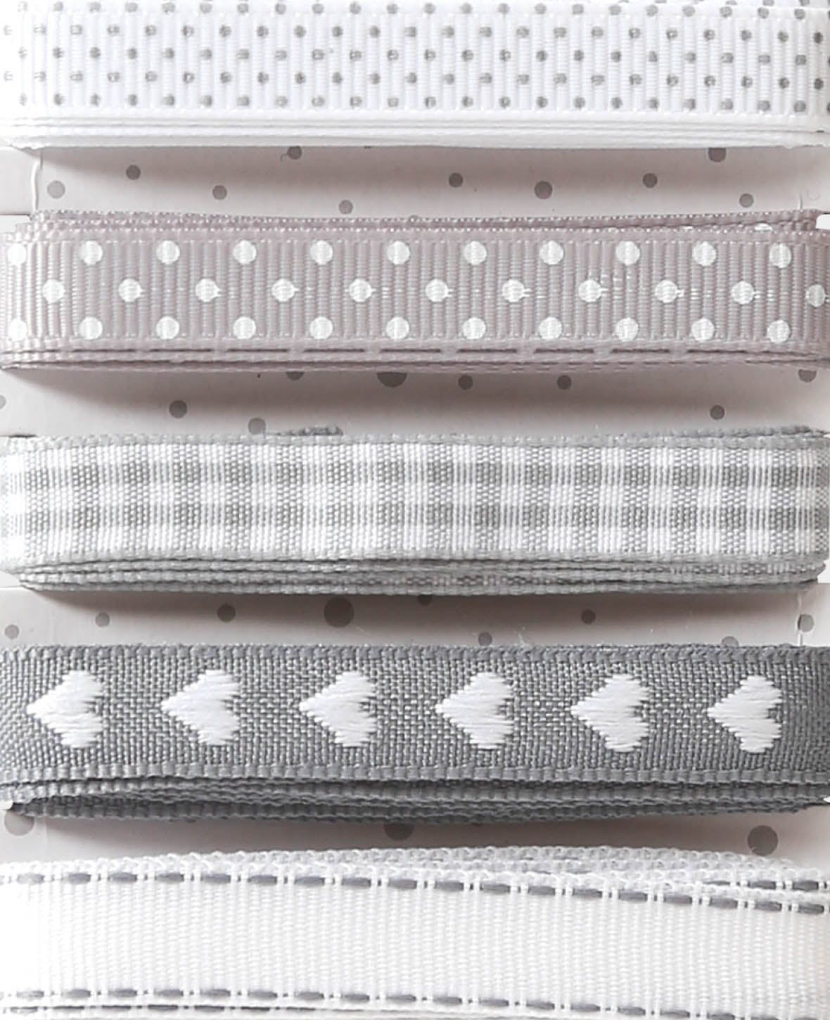 Rubans décoratifs / rubans cadeaux cœurs, gris et blanc, 15 mm x 2 m, 5 motifs