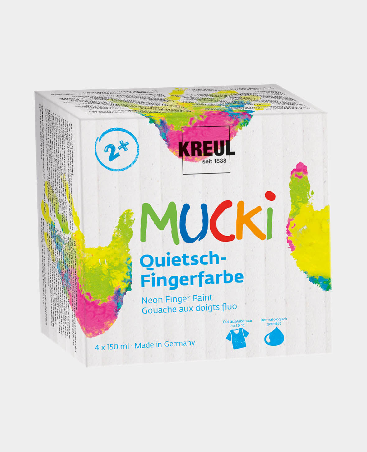 MUCKI Peinture au doigt qui couine, set de 4, couleurs néon, 4 x 150 ml