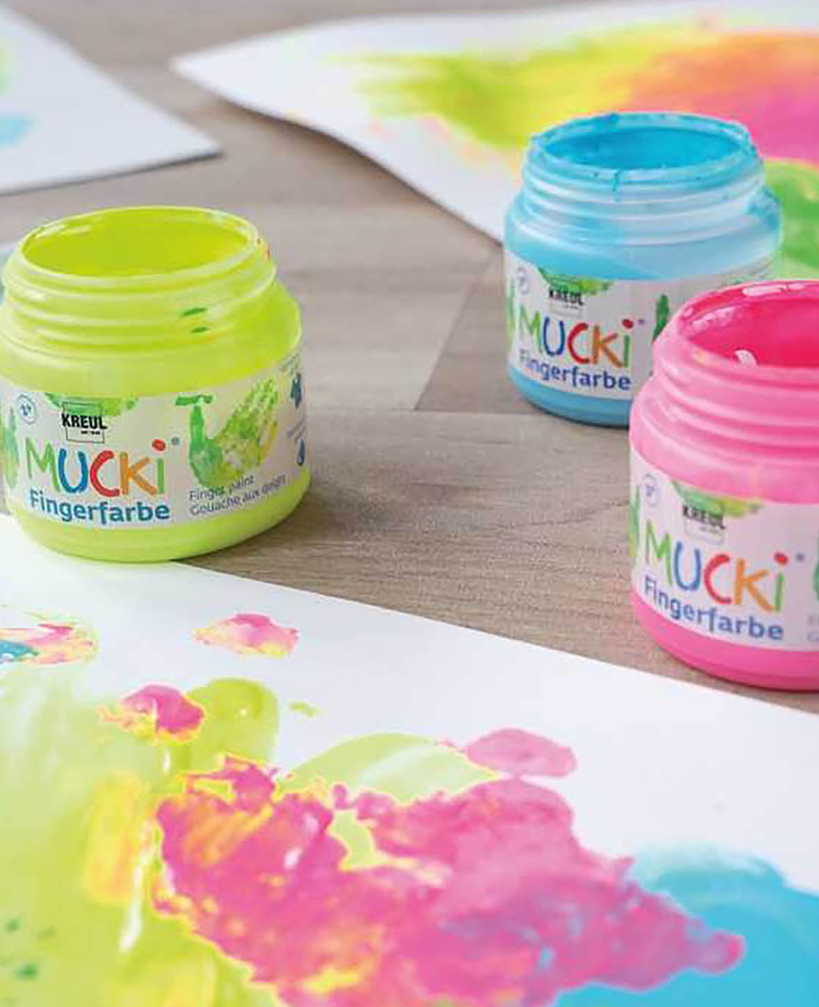 MUCKI Peinture au doigt qui couine, set de 4, couleurs néon, 4 x 150 ml
