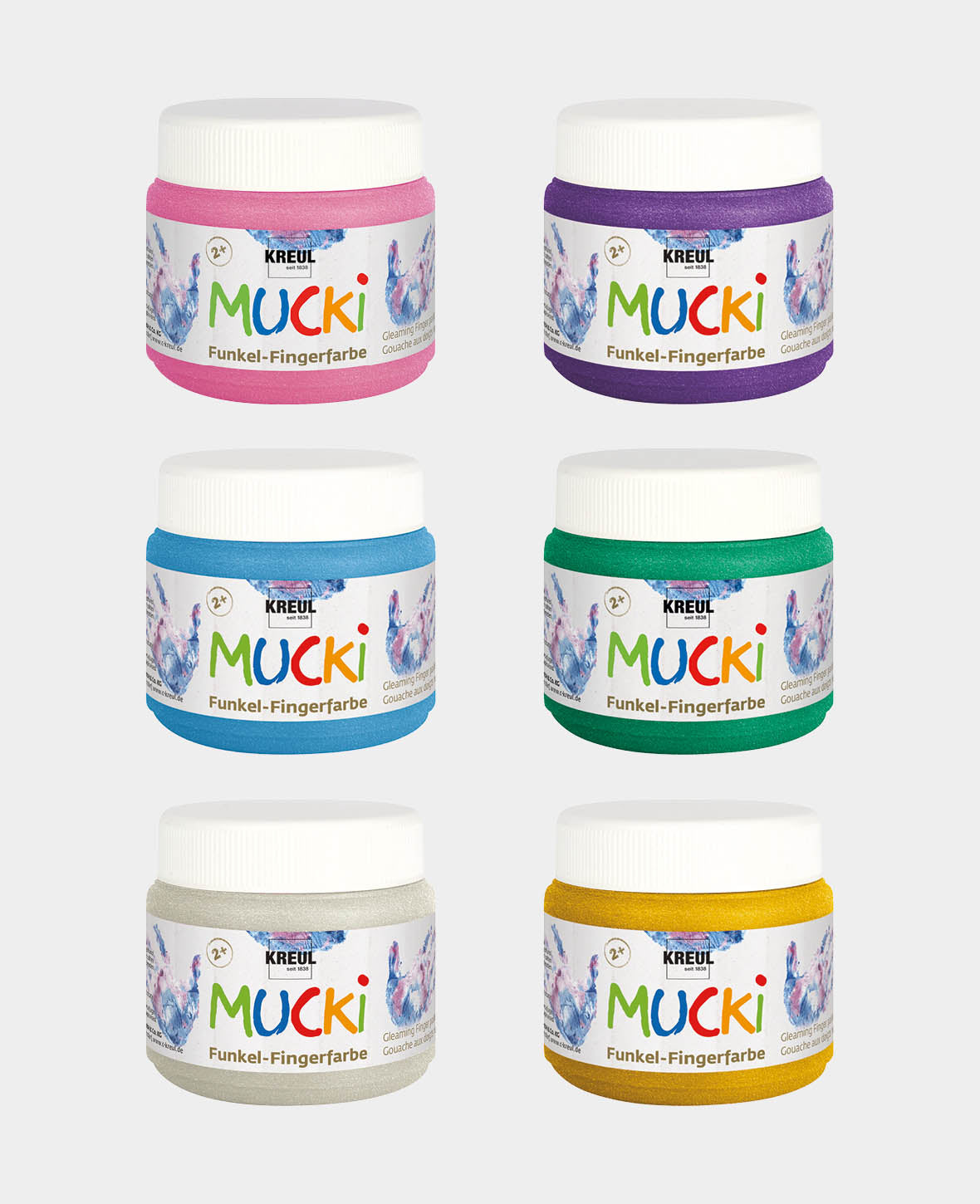 MUCKI Peinture au doigt scintillante - Set de 6, couleurs pailletées, 150 ml