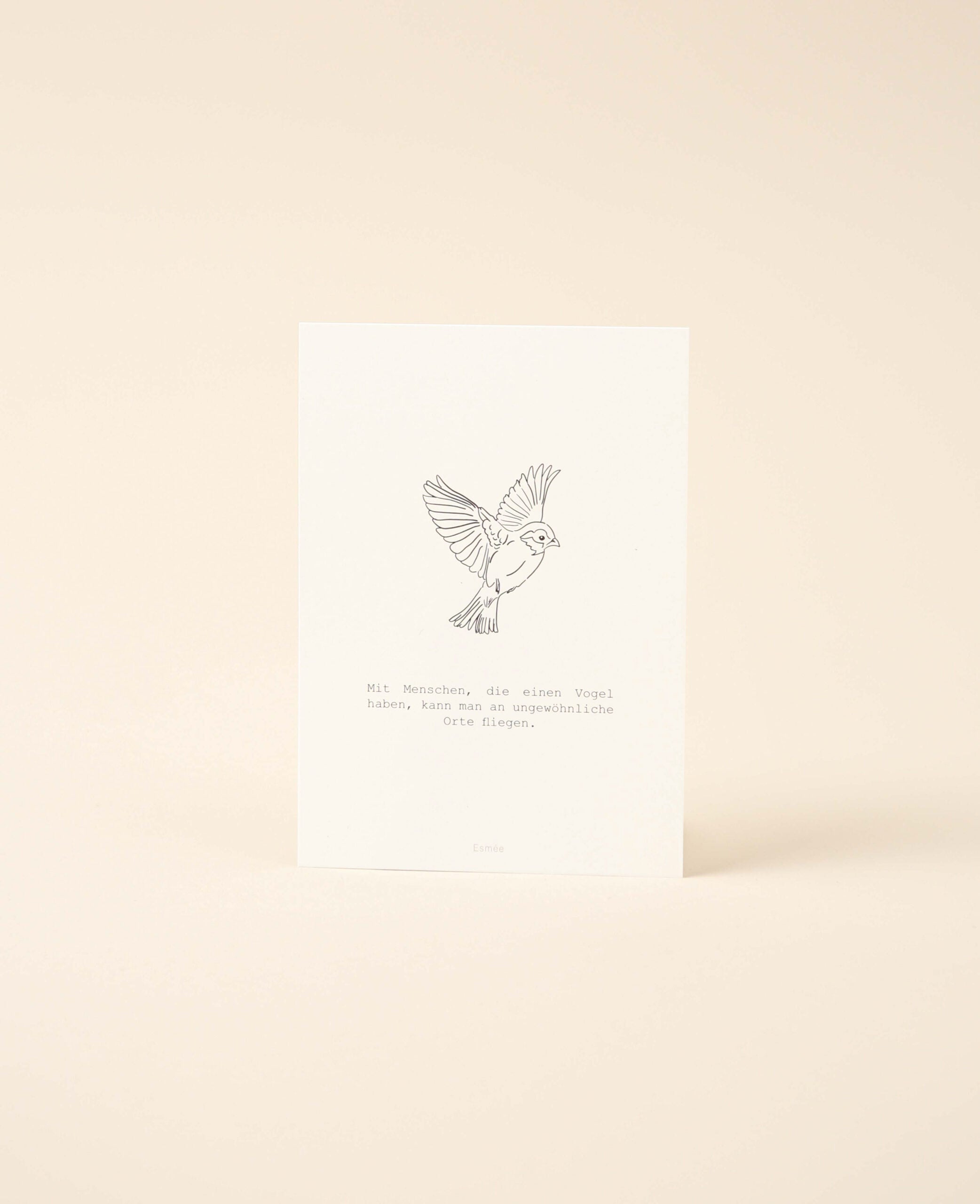 Grusskarte / Postkarte Hochformat "Einen Vogel haben", 10.5 x 14.8 cm, weisses Naturpapier mit schwarzem Print