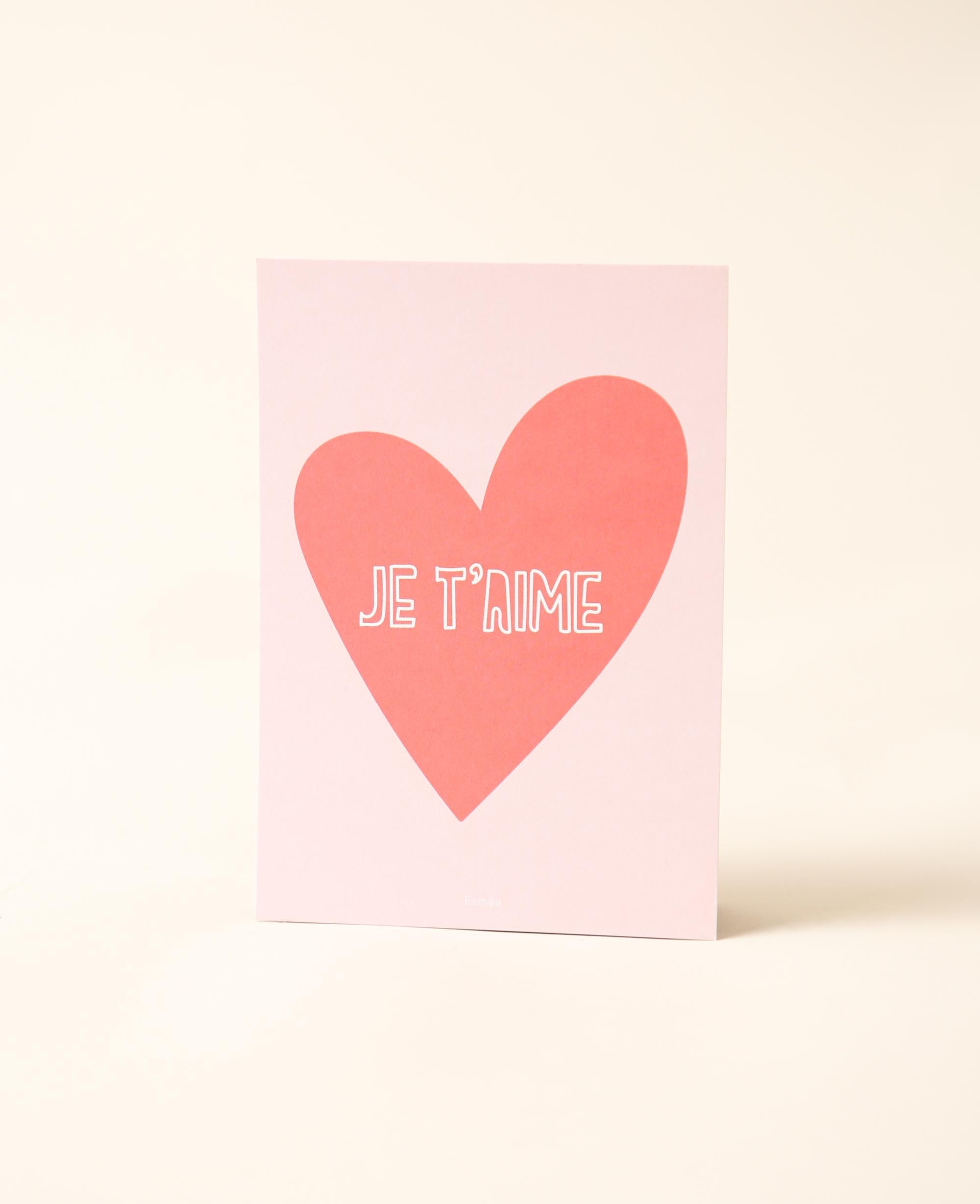 Grusskarte / Postkarte Hochformat "Je t'aime" pink, 10.5 x 14.8 cm, weiss mit farbigem Print
