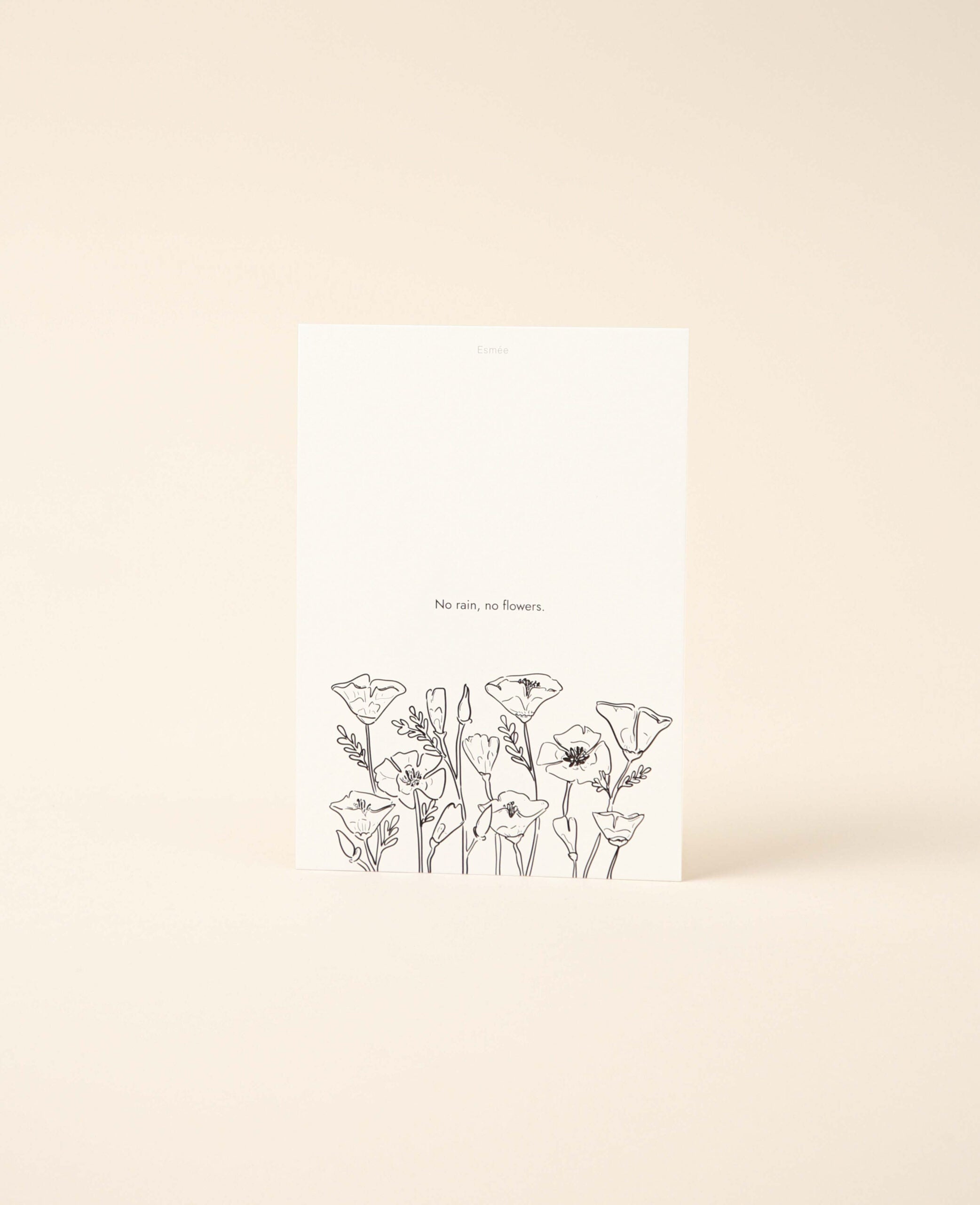 Grusskarte / Postkarte Hochformat "No Rain no Flowers", 10.5 x 14.8 cm, weisses Naturpapier mit schwarzem Schriftzug und Print