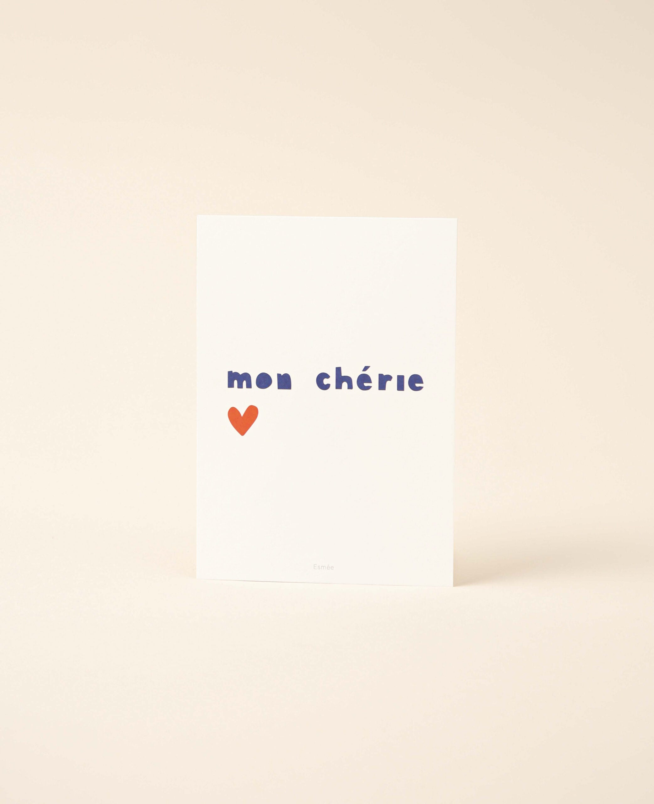 Grusskarte / Postkarte Hochformat "Mon Chérie", 10.5 x 14.8 cm, weisses Naturpapier mit farbigem Print