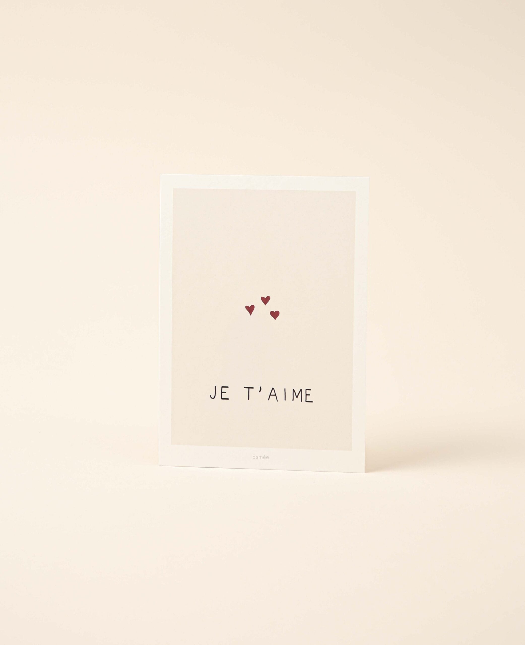 Grusskarte / Postkarte Hochformat "Je t'aime" beige, 10.5 x 14.8 cm, beiger Print auf Naturpapier