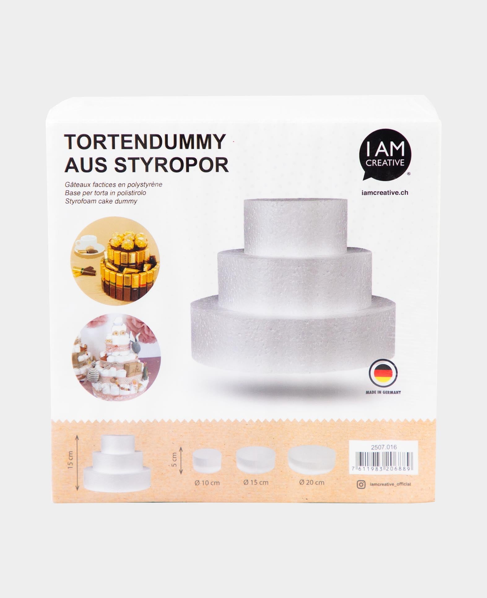 Styroportorten-Set, Tortendummy / Windeltorte, Weiss, ø 10 / 15 / 20 x 5 cm, 3 Stk.