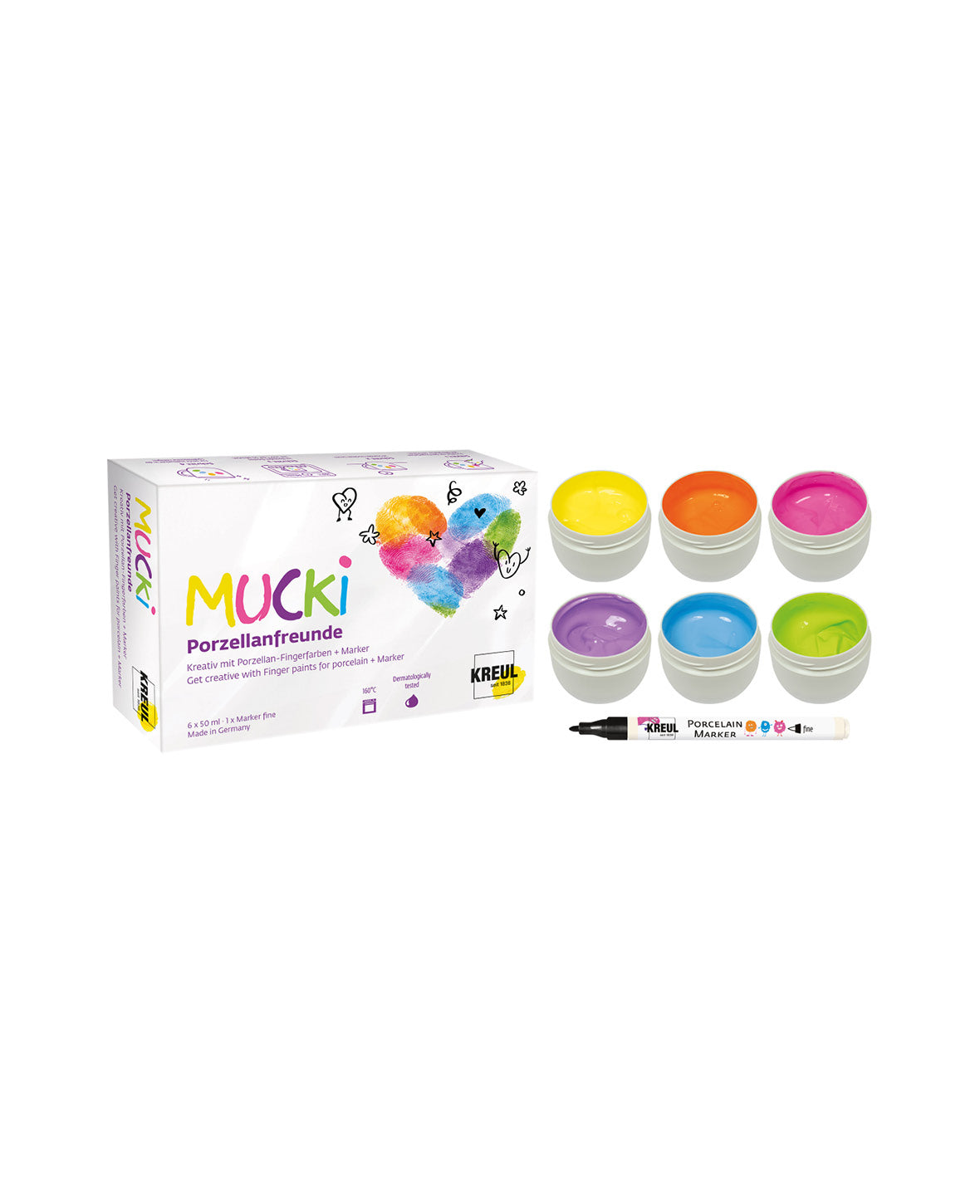 6er Set MUCKI Porzellan-Fingerfarben + Marker, 6 x 50 ml