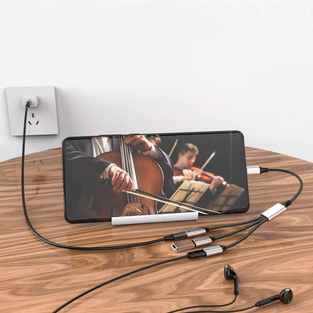 (26cm) 60W 3-in-1 USB C to 3x USB C Adapter Charging Cable OTG Nylon Data Ca