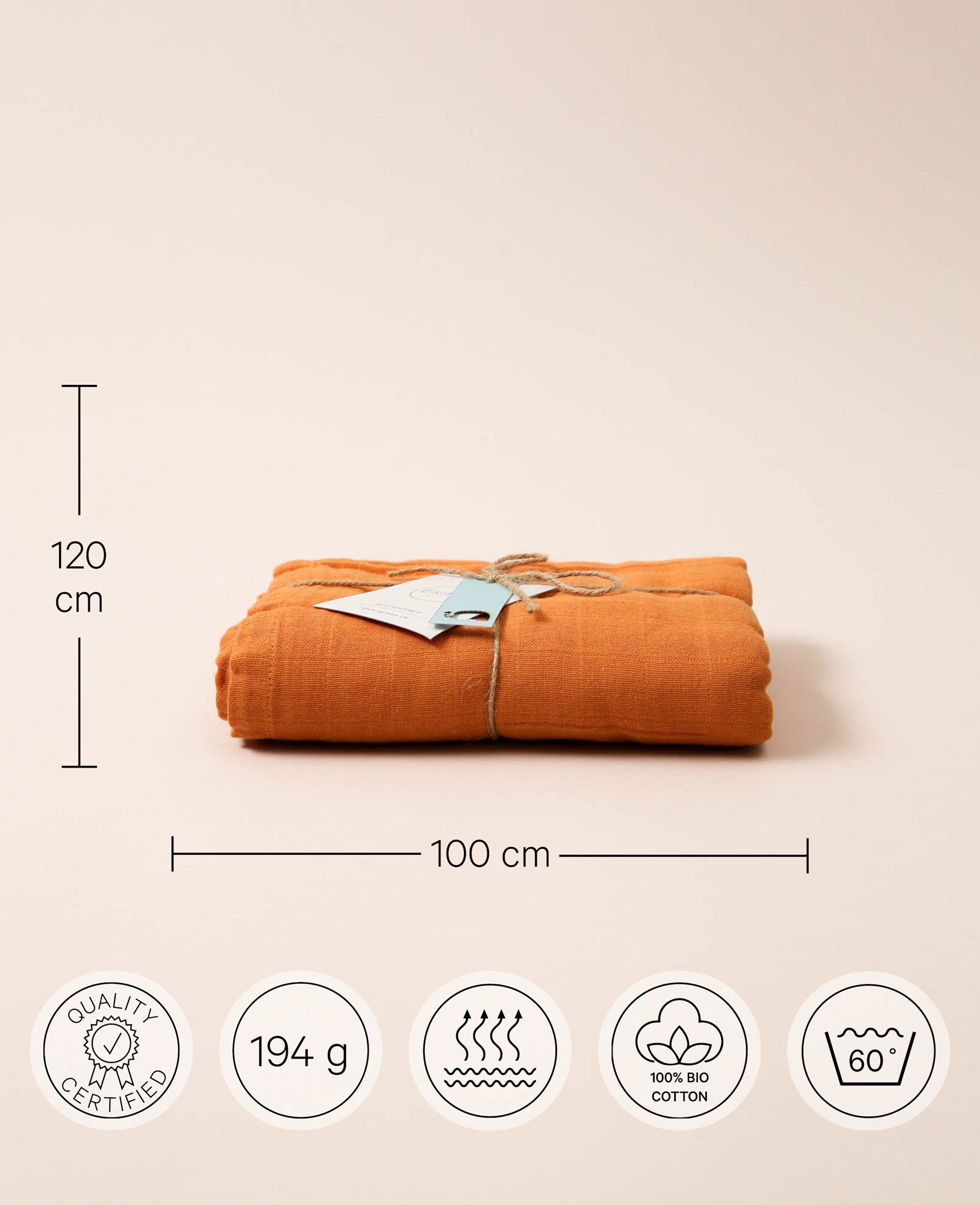 Musselin Tuch / Mulltuch aus 100% Bio Baumwolle als Nuscheli für Babys oder als Mode- und Dekoaccessoire in Dusty Orange, 120 x 100 cm