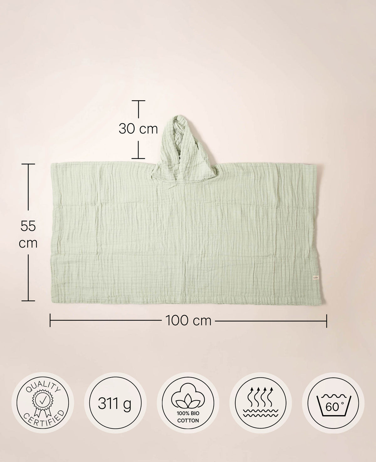 Poncho "Lilo" aus 100% Bio Baumwolle-Musselin in Salbeigrün für Kinder im Alter von 3-4 Jahren