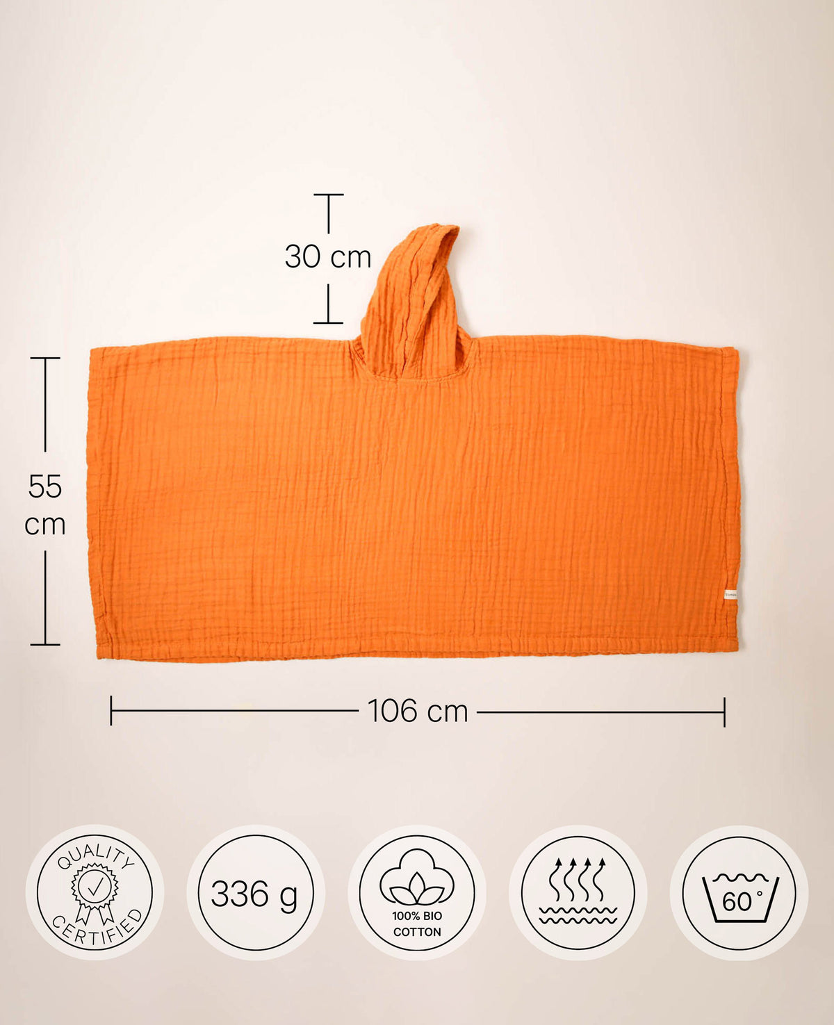 Poncho "Lilo" aus 100% Bio Baumwolle-Musselin in Orange für Kinder im Alter von 5-6 Jahren